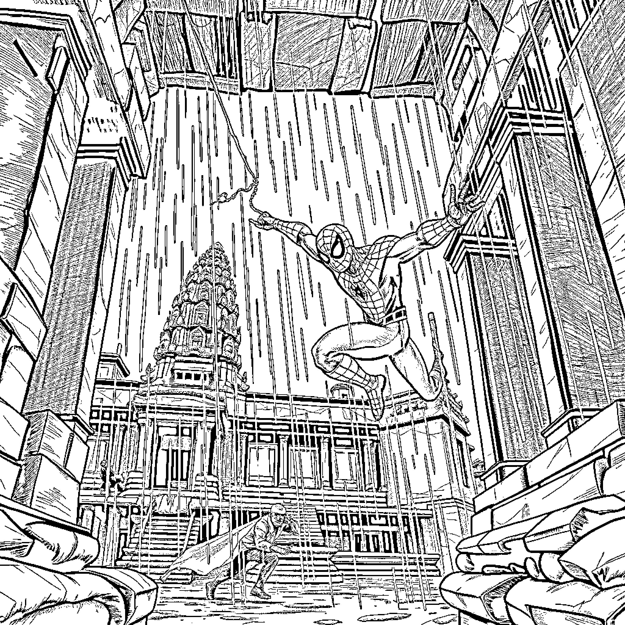 Spidey swinging through towering cityscape Coloring Page (free black-and-white line drawing printable PDF for all, from beginners to advanced learners, including children, teens, adults, and seniors)