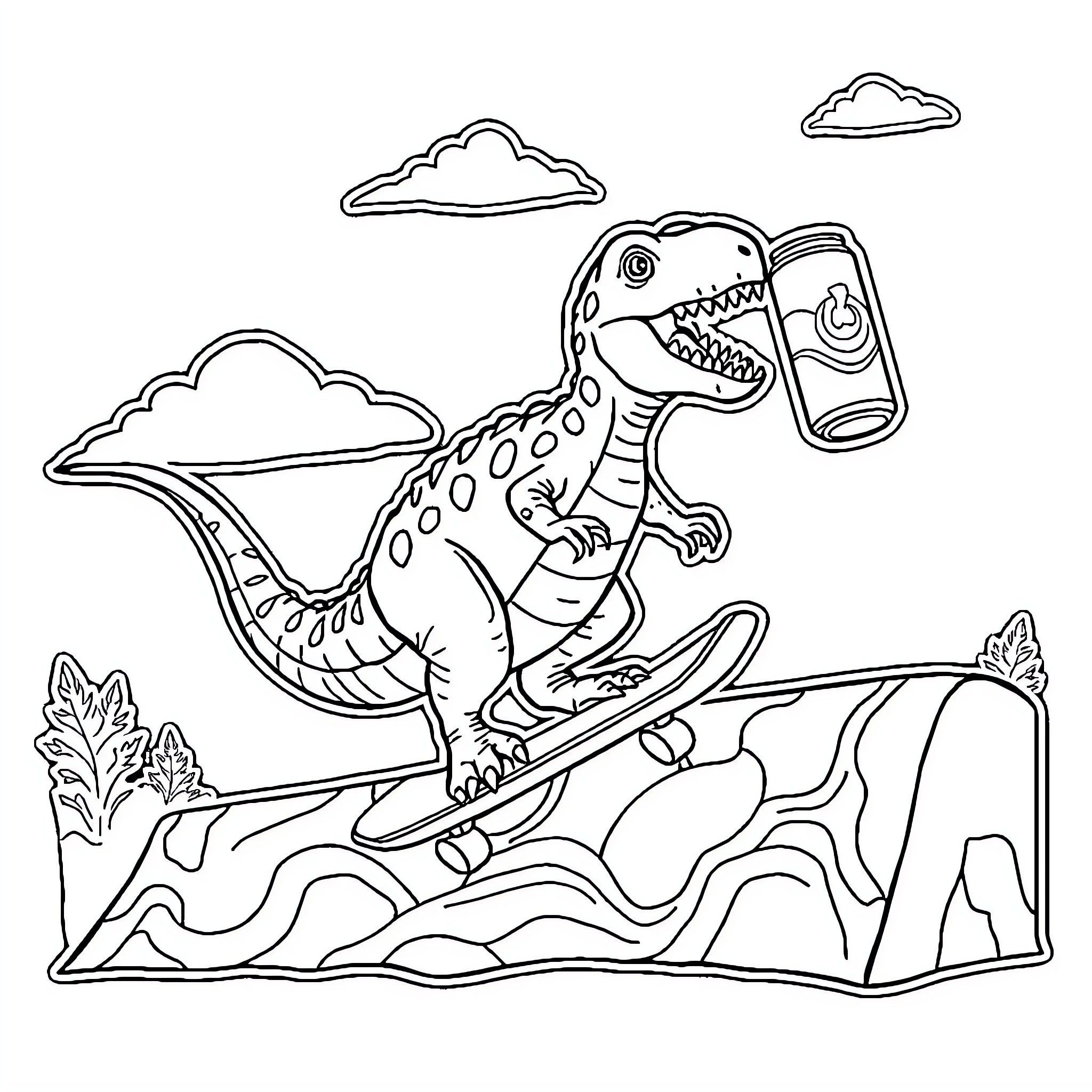 Dinosaur riding skateboard with soda can Coloring Page (free black-and-white line drawing printable PDF for all, from beginners to advanced learners, including children, teens, adults, and seniors)