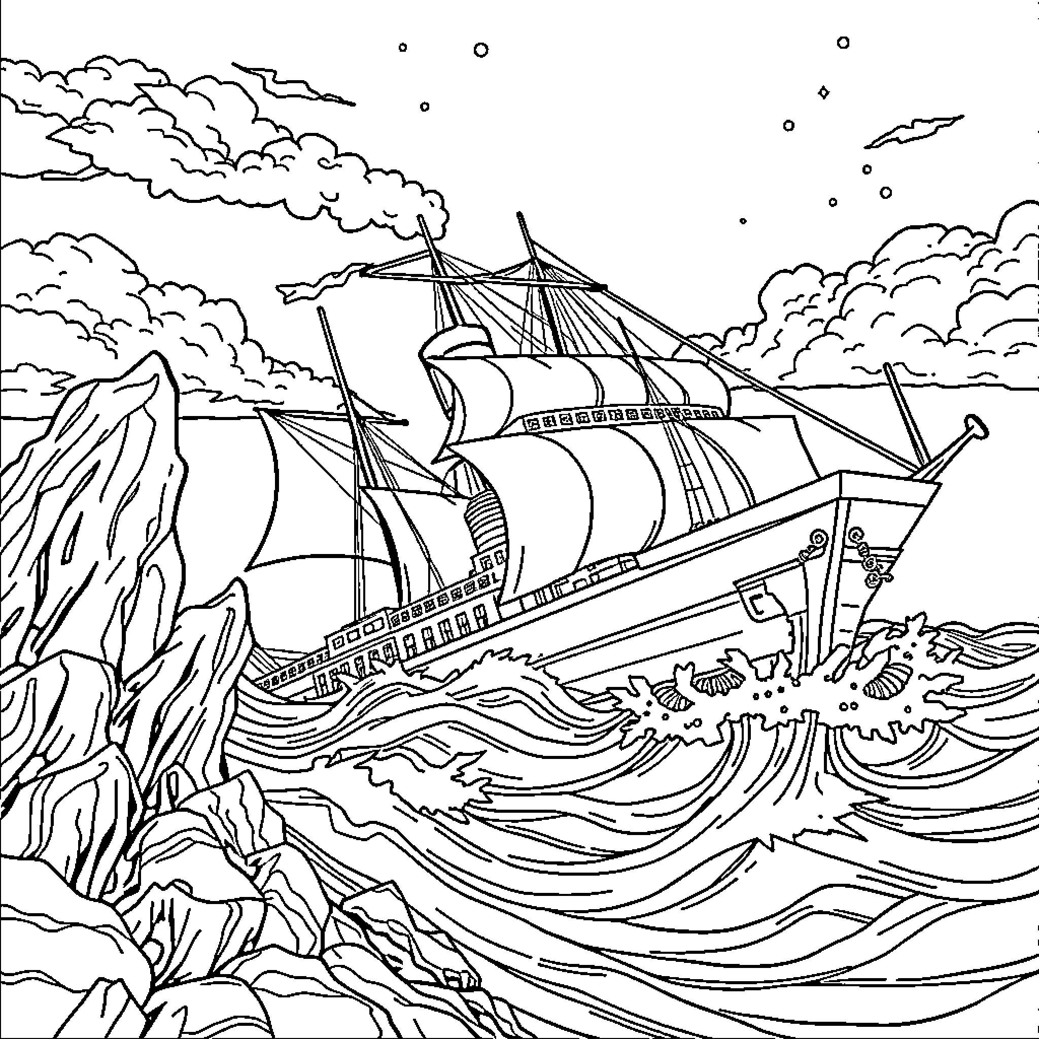 Ship sailing through stormy seas Coloring Page (free black-and-white line drawing printable PDF for all, from beginners to advanced learners, including children, teens, adults, and seniors)
