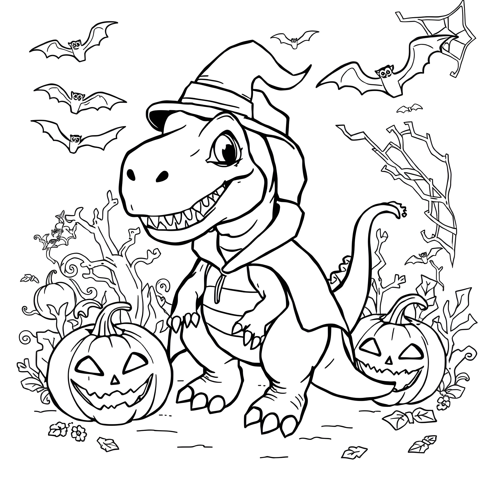 Dinosaur in Halloween costume with pumpkins and bats Coloring Page (free black-and-white line drawing printable PDF for all, from beginners to advanced learners, including children, teens, adults, and seniors)