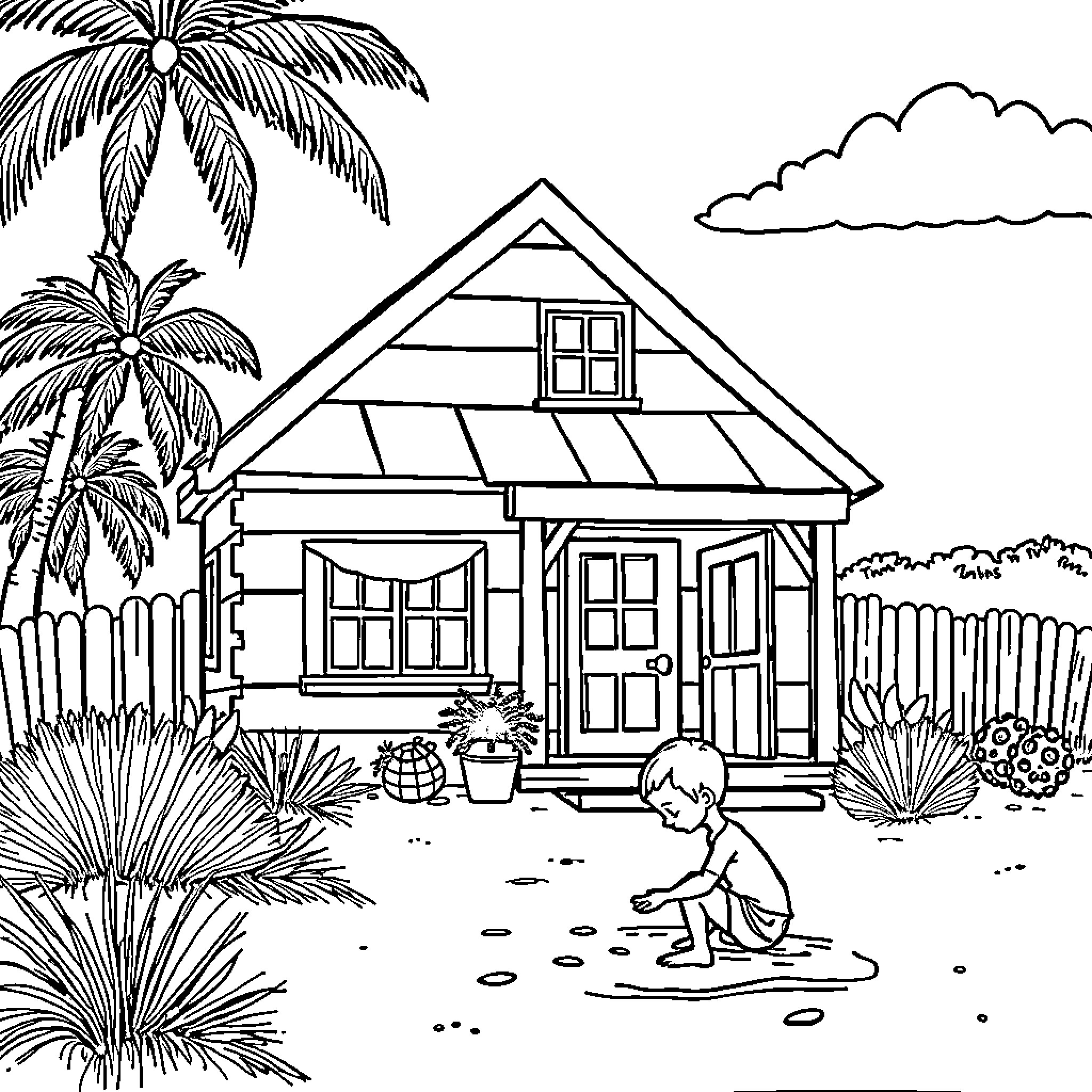 Beach House with Palm Trees and Playful Child Coloring Page (free black-and-white line drawing printable PDF for all, from beginners to advanced learners, including children, teens, adults, and seniors)