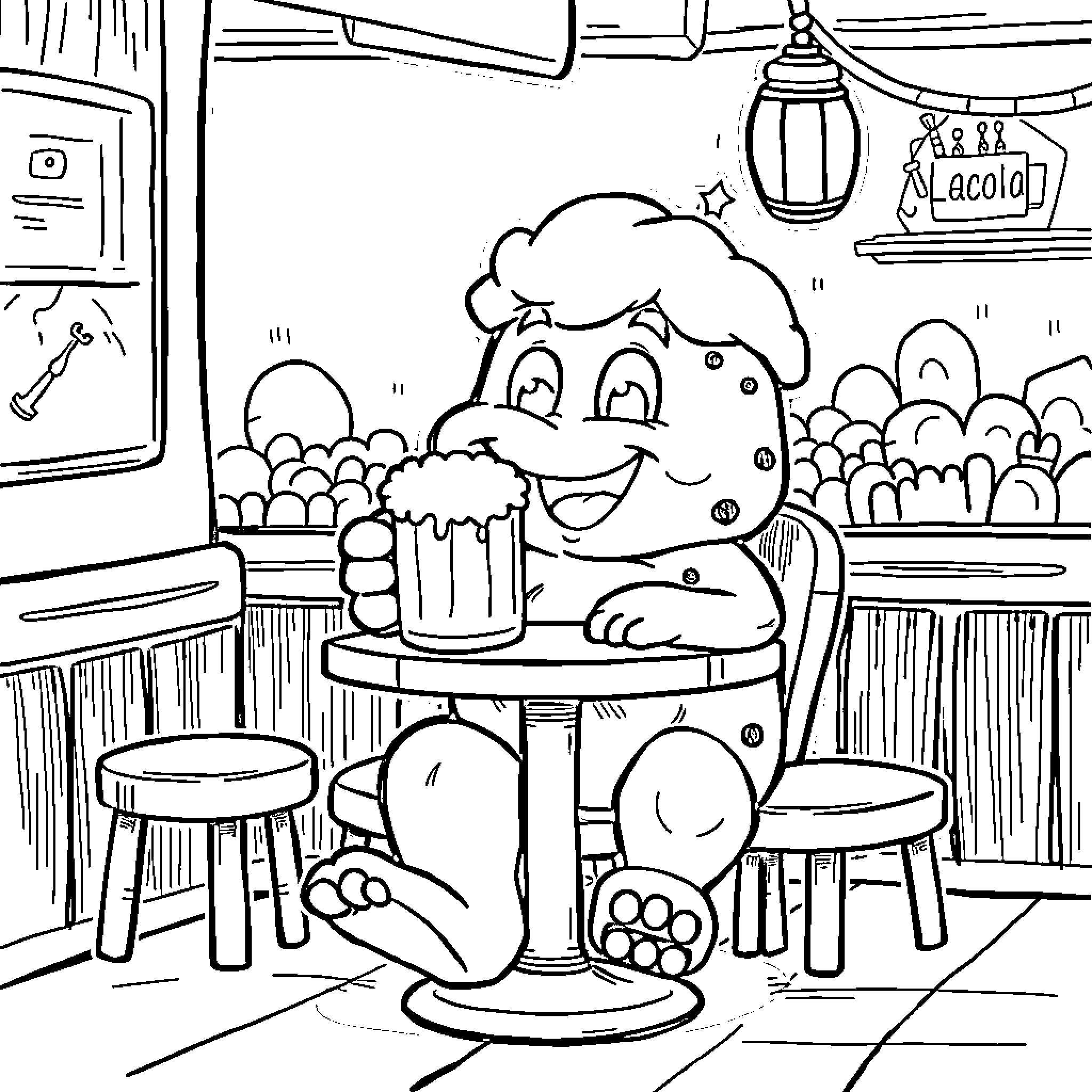 Labubu enjoying a cold drink at the bar Coloring Page (free black-and-white line drawing printable PDF for all, from beginners to advanced learners, including children, teens, adults, and seniors)