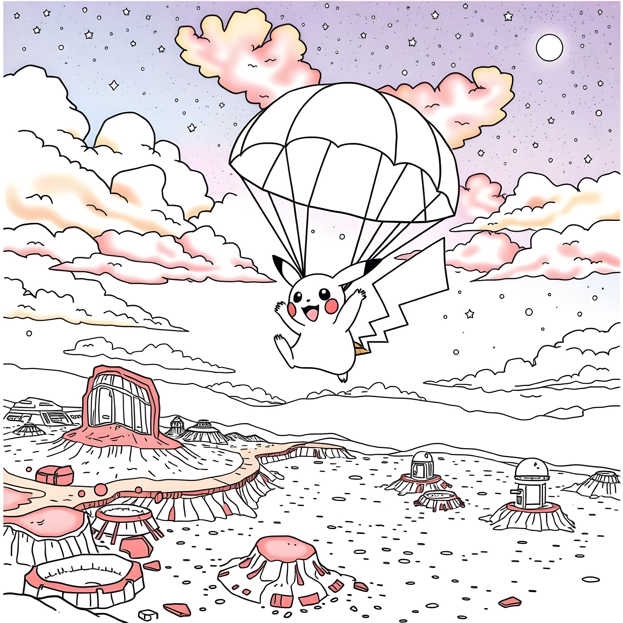 Pikachu parachuting over a fantastical desert landscape Coloring Page (free black-and-white line drawing printable PDF for all, from beginners to advanced learners, including children, teens, adults, and seniors)