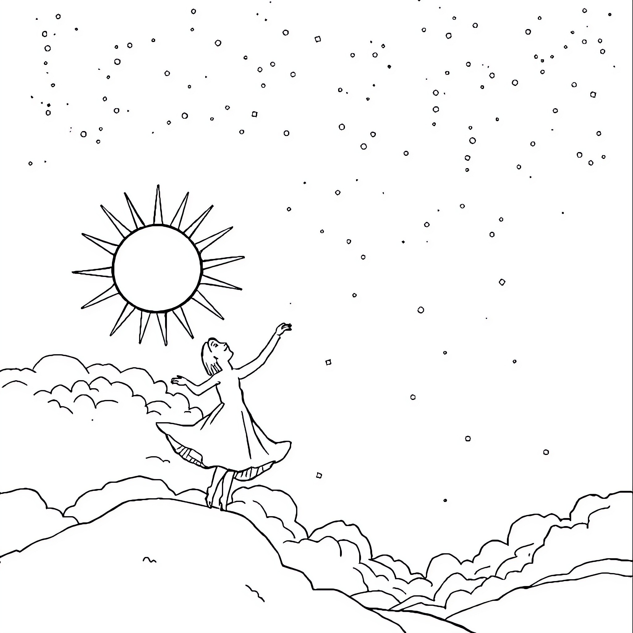 Sun shining over a person on a cloudy day Coloring Page (free black-and-white line drawing printable PDF for all, from beginners to advanced learners, including children, teens, adults, and seniors)