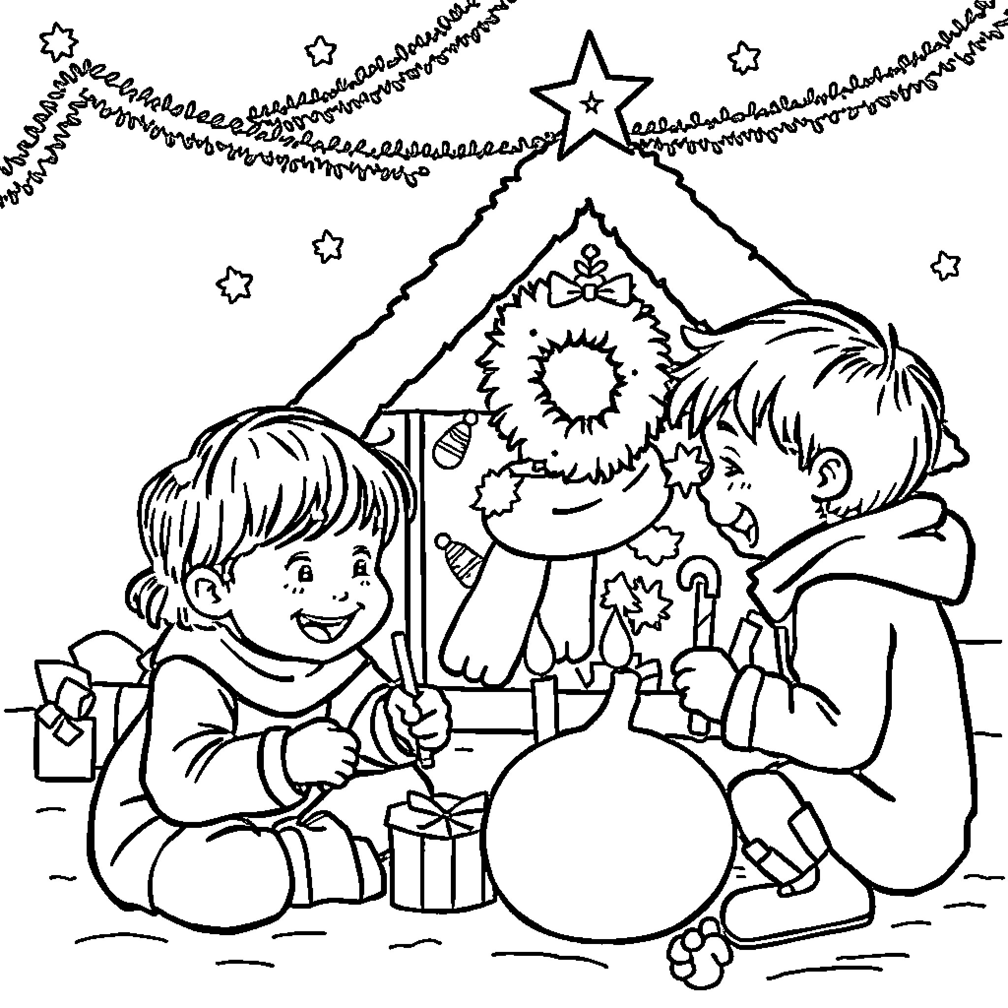 Kids decorating Christmas tree with ornaments and gifts Coloring Page (free black-and-white line drawing printable PDF for all, from beginners to advanced learners, including children, teens, adults, and seniors)