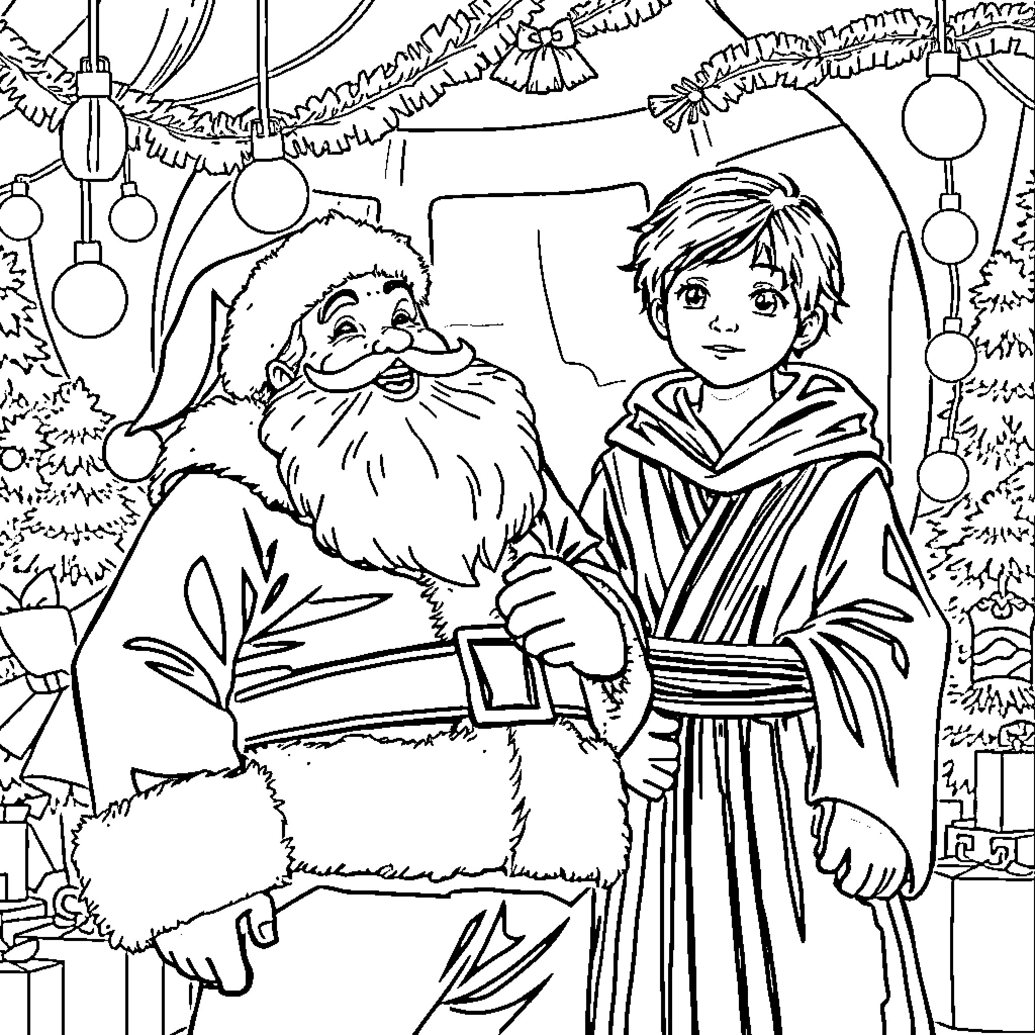 Santa Claus and young boy in winter wonderland Coloring Page (free black-and-white line drawing printable PDF for all, from beginners to advanced learners, including children, teens, adults, and seniors)