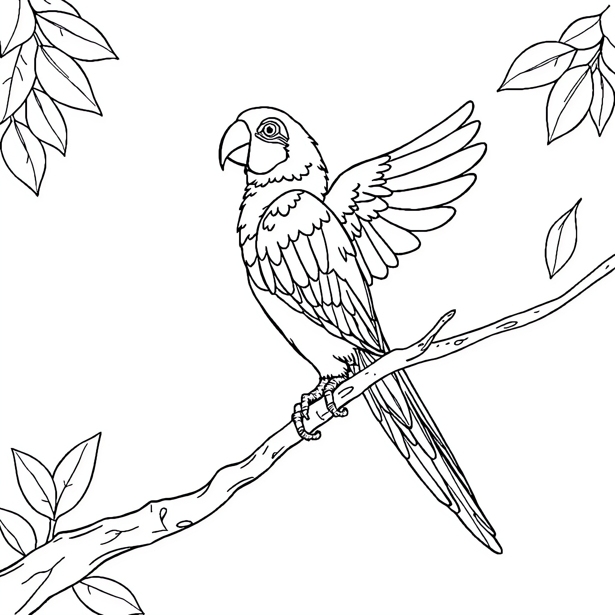 Parrot perched on a branch with leaves Coloring Page (free black-and-white line drawing printable PDF for all, from beginners to advanced learners, including children, teens, adults, and seniors)