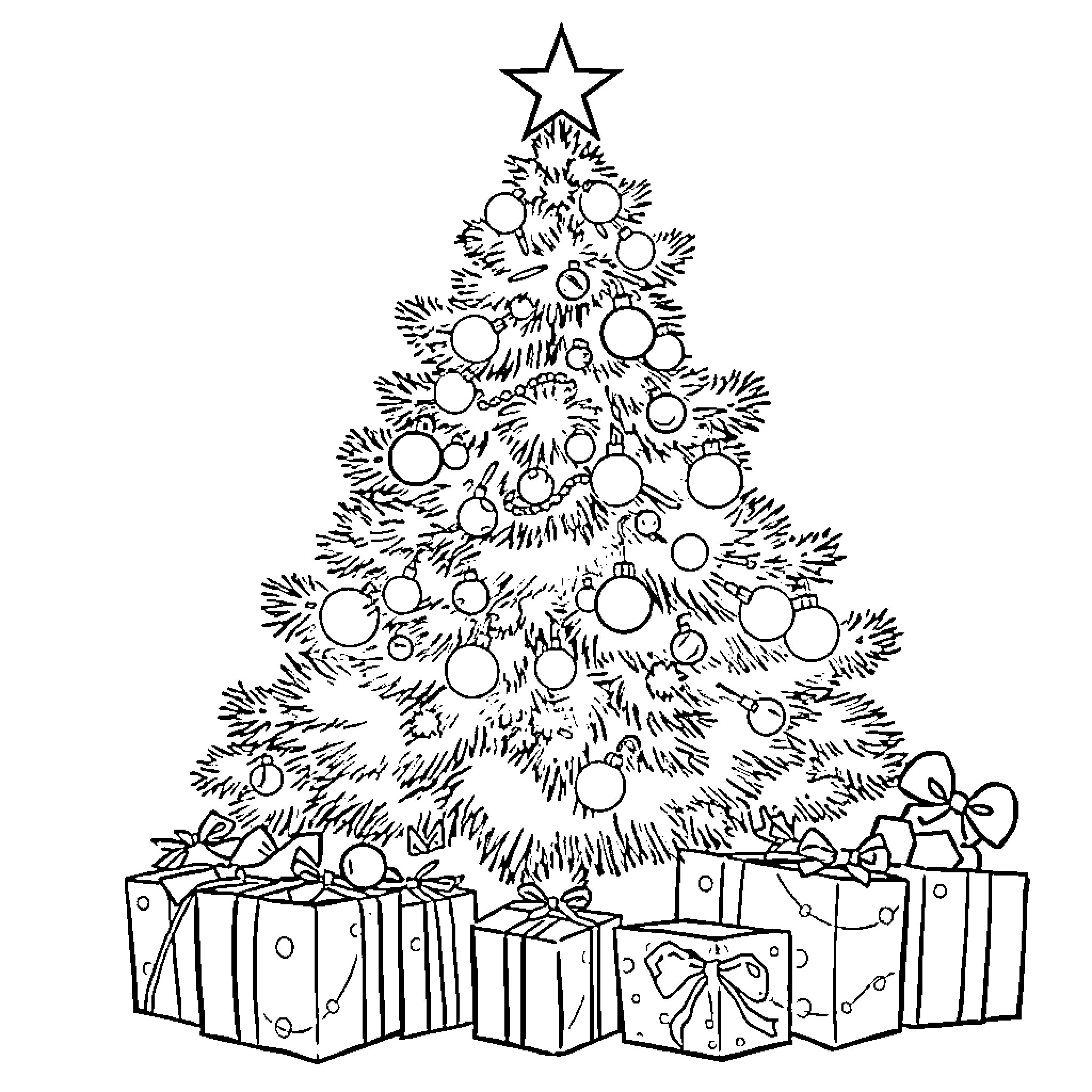 Christmas Tree with Presents and Ornaments Coloring Page (free black-and-white line drawing printable PDF for all, from beginners to advanced learners, including children, teens, adults, and seniors)