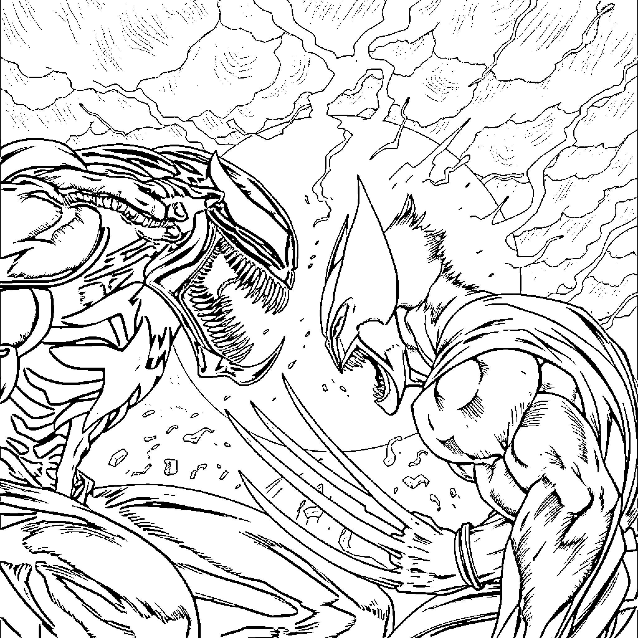 Venom: Monstrous Encounter in the Dark Shadows Coloring Page (free black-and-white line drawing printable PDF for all, from beginners to advanced learners, including children, teens, adults, and seniors)