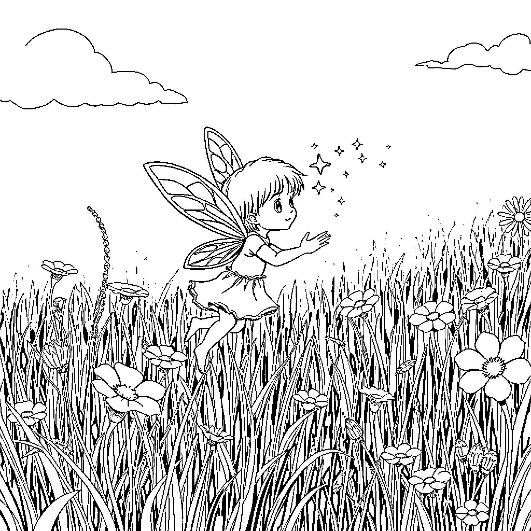 Fairy playing whimsically in a floral meadow Coloring Page (free black-and-white line drawing printable PDF for all, from beginners to advanced learners, including children, teens, adults, and seniors)