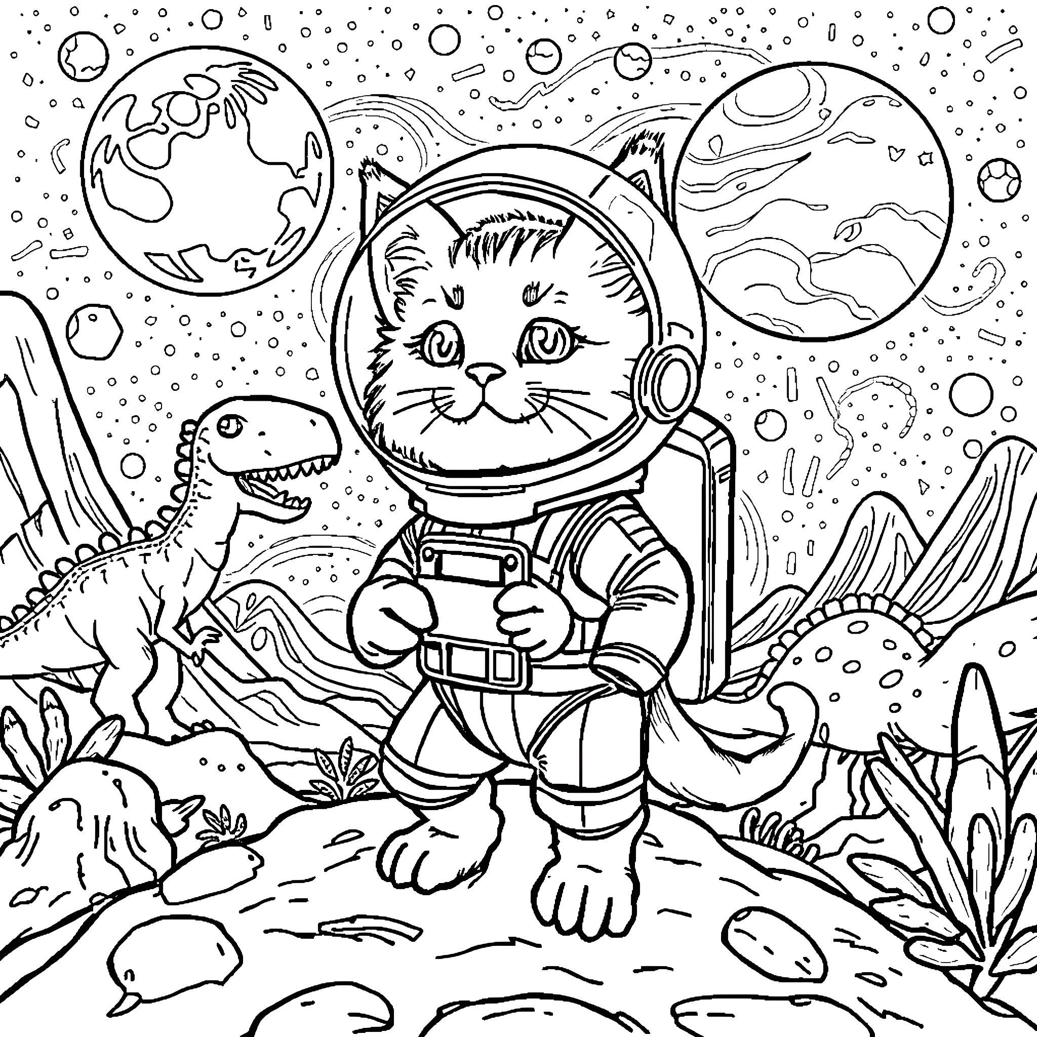 Kitten astronaut explores the galaxy Coloring Page (free black-and-white line drawing printable PDF for all, from beginners to advanced learners, including children, teens, adults, and seniors)