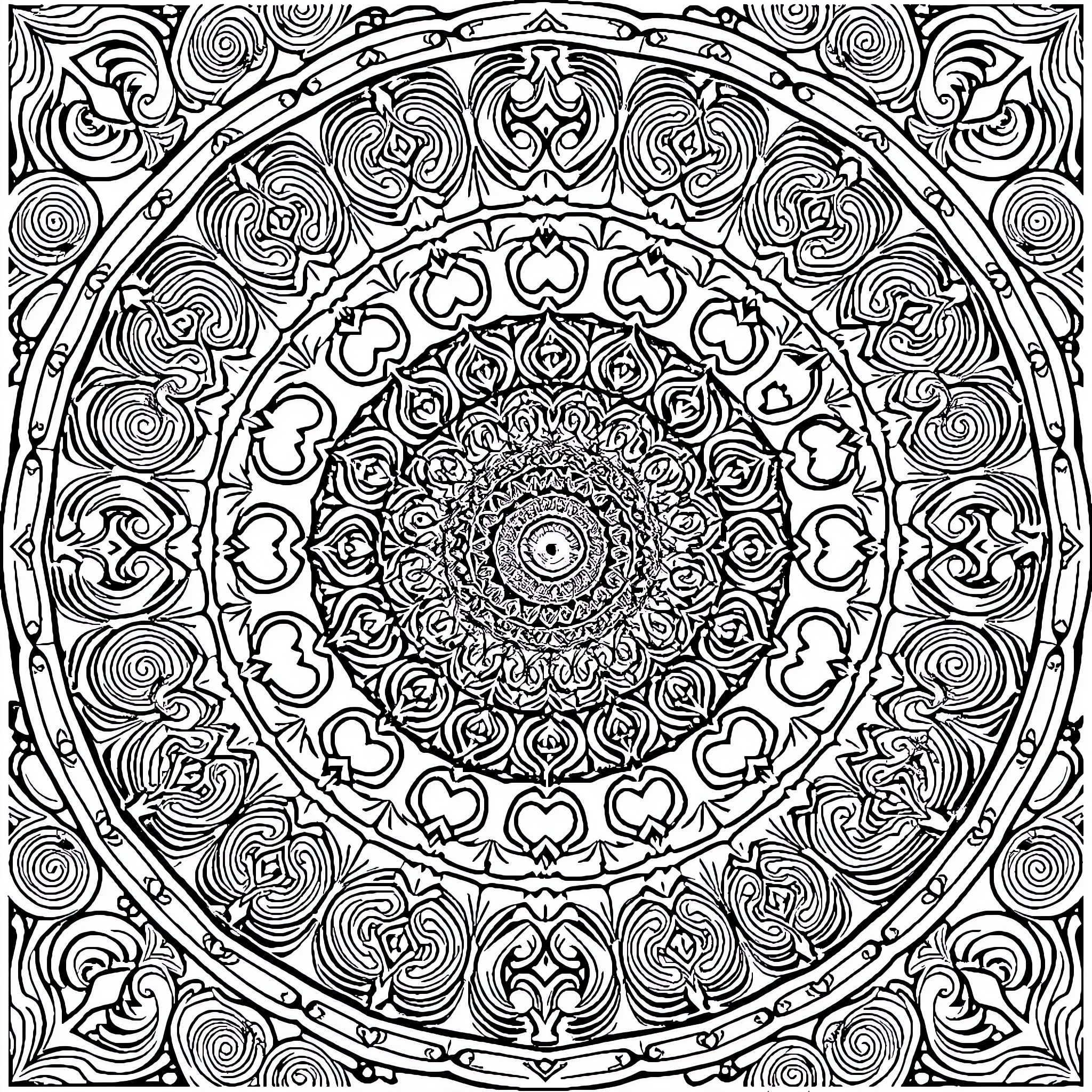 Mandala of intricate symmetrical patterns Coloring Page (free black-and-white line drawing printable PDF for all, from beginners to advanced learners, including children, teens, adults, and seniors)