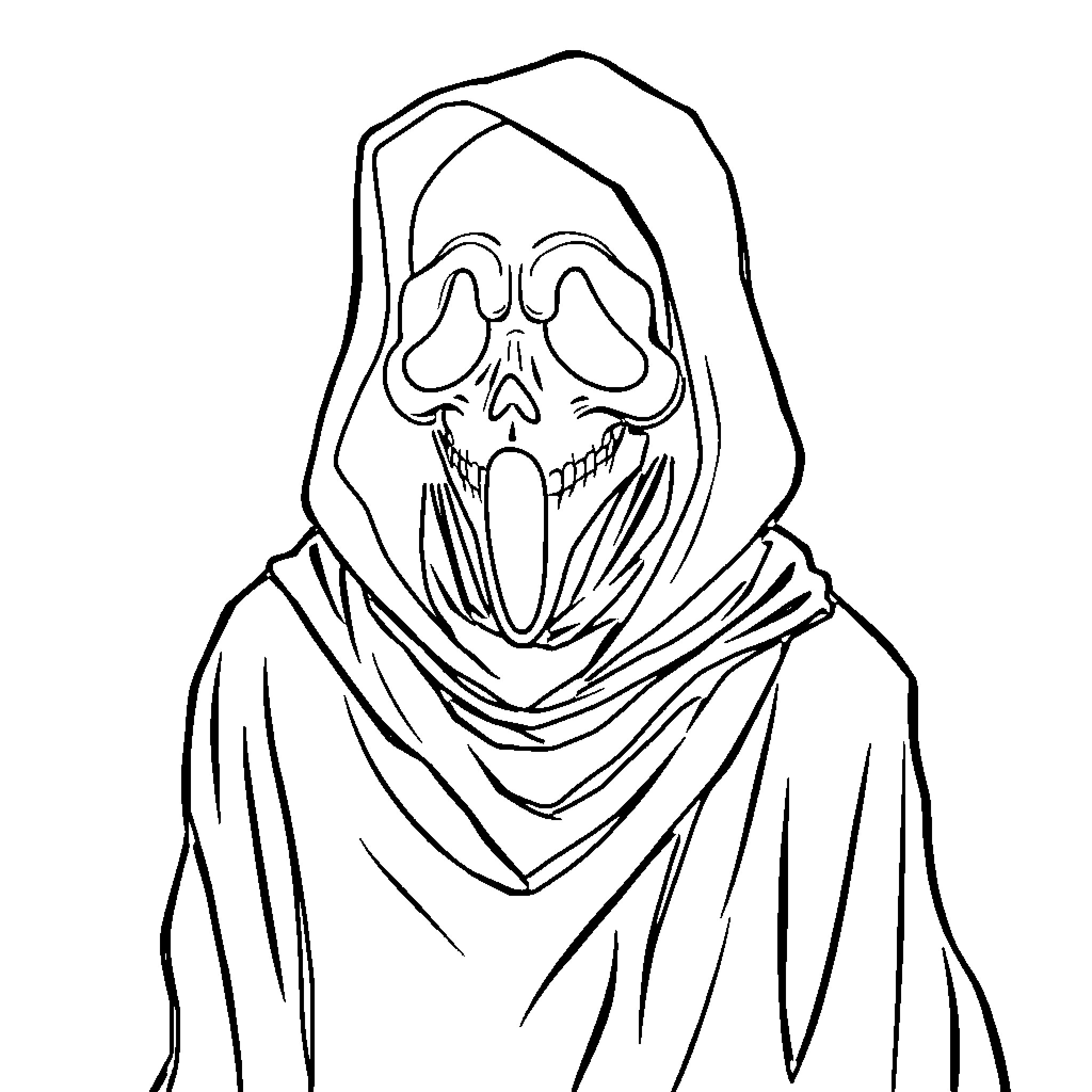 Ghostface character in scary costume Coloring Page (free black-and-white line drawing printable PDF for all, from beginners to advanced learners, including children, teens, adults, and seniors)