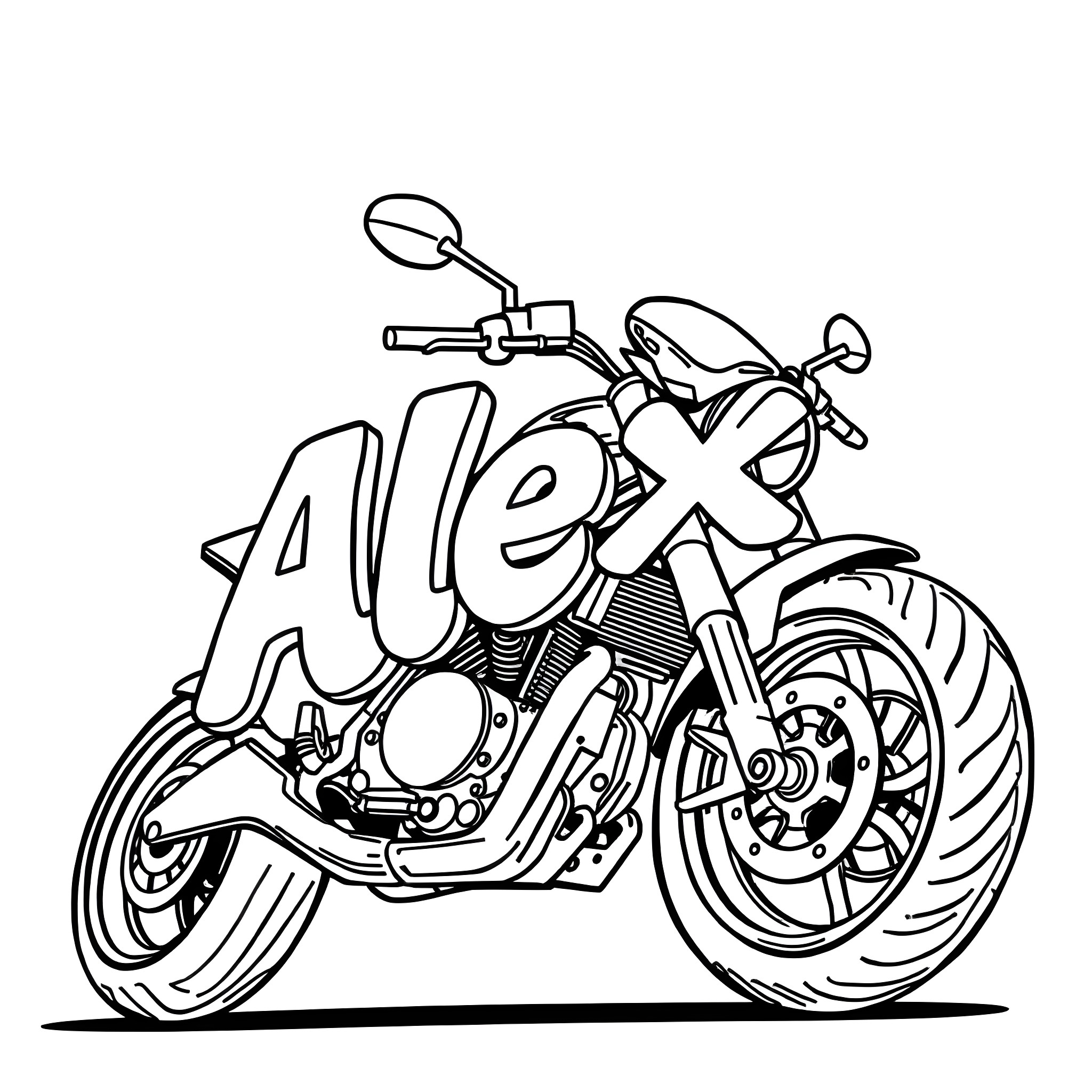 Alex's Motorcycle Adventure Coloring Page (free black-and-white line drawing printable PDF for all, from beginners to advanced learners, including children, teens, adults, and seniors)