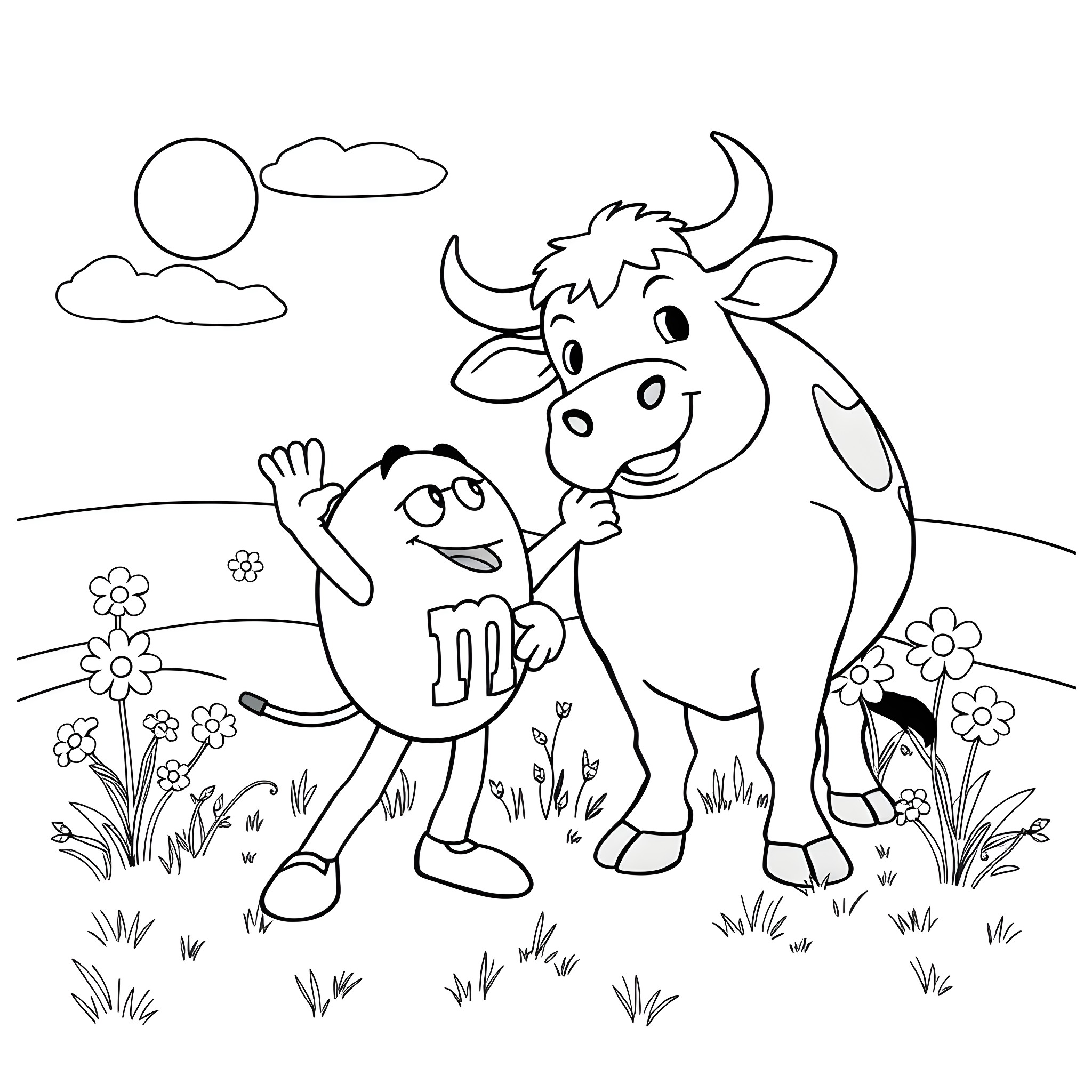 M&m Characters Exploring the Countryside Coloring Page (free black-and-white line drawing printable PDF for all, from beginners to advanced learners, including children, teens, adults, and seniors)