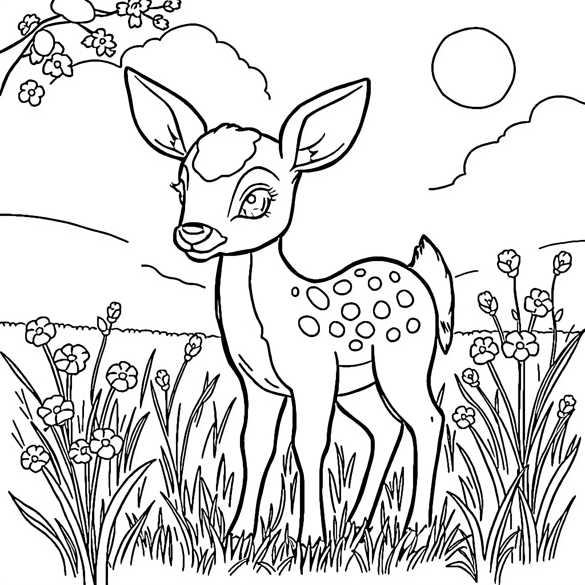 Deer exploring the flowery meadow Coloring Page (free black-and-white line drawing printable PDF for all, from beginners to advanced learners, including children, teens, adults, and seniors)