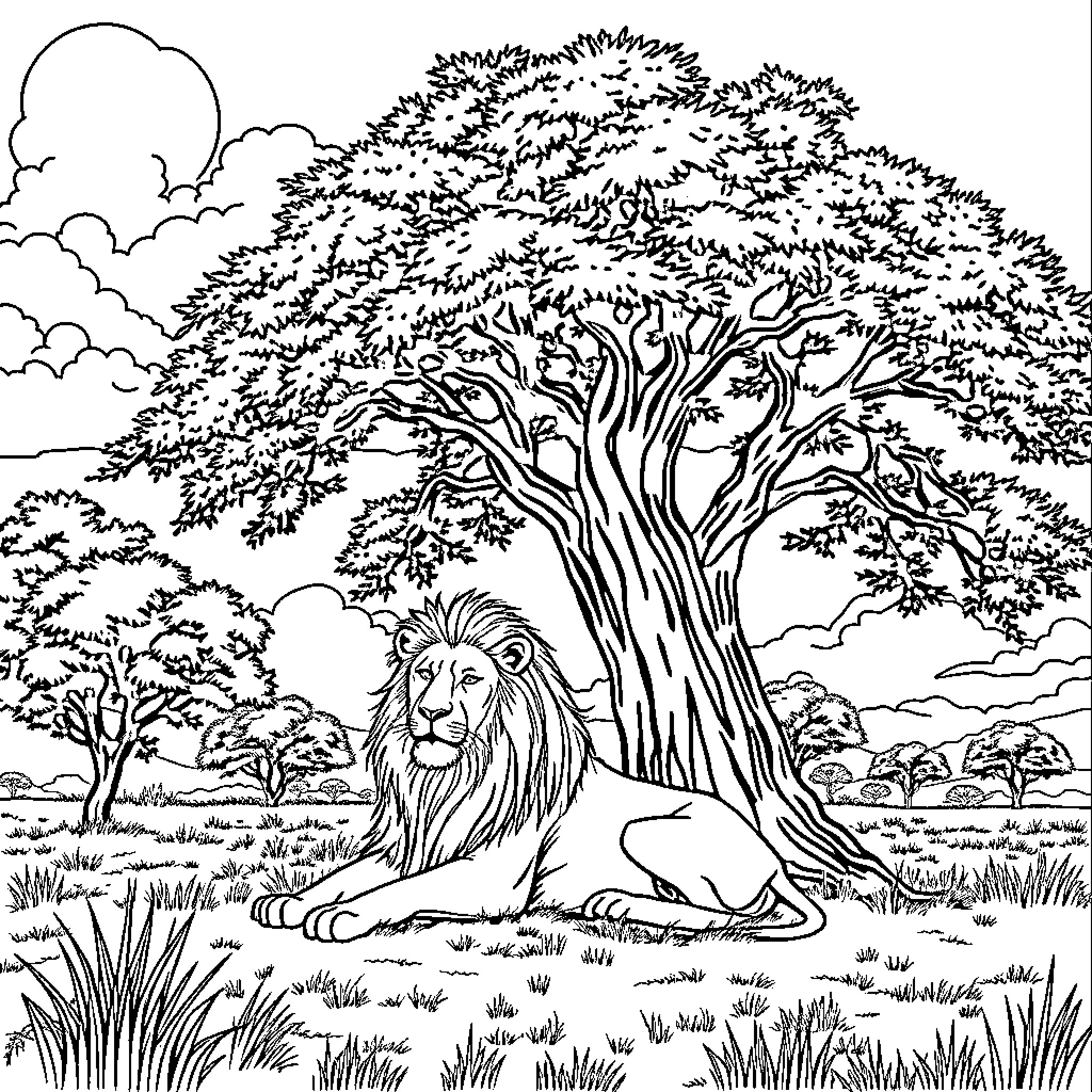 Lion resting in the serene wilderness Coloring Page (free black-and-white line drawing printable PDF for all, from beginners to advanced learners, including children, teens, adults, and seniors)