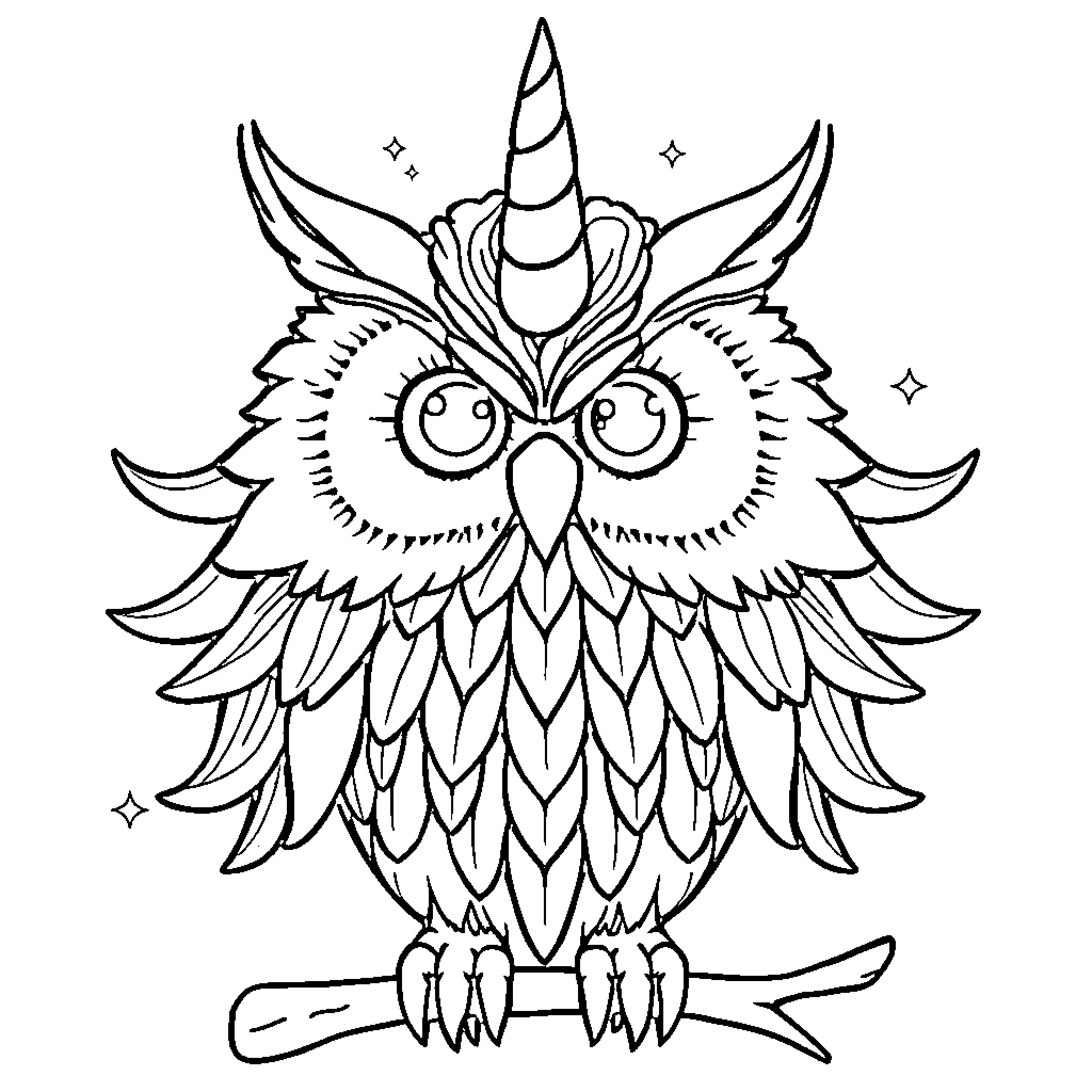 Unicorn Owl with enchanting expression and whimsical features Coloring Page (free black-and-white line drawing printable PDF for all, from beginners to advanced learners, including children, teens, adults, and seniors)