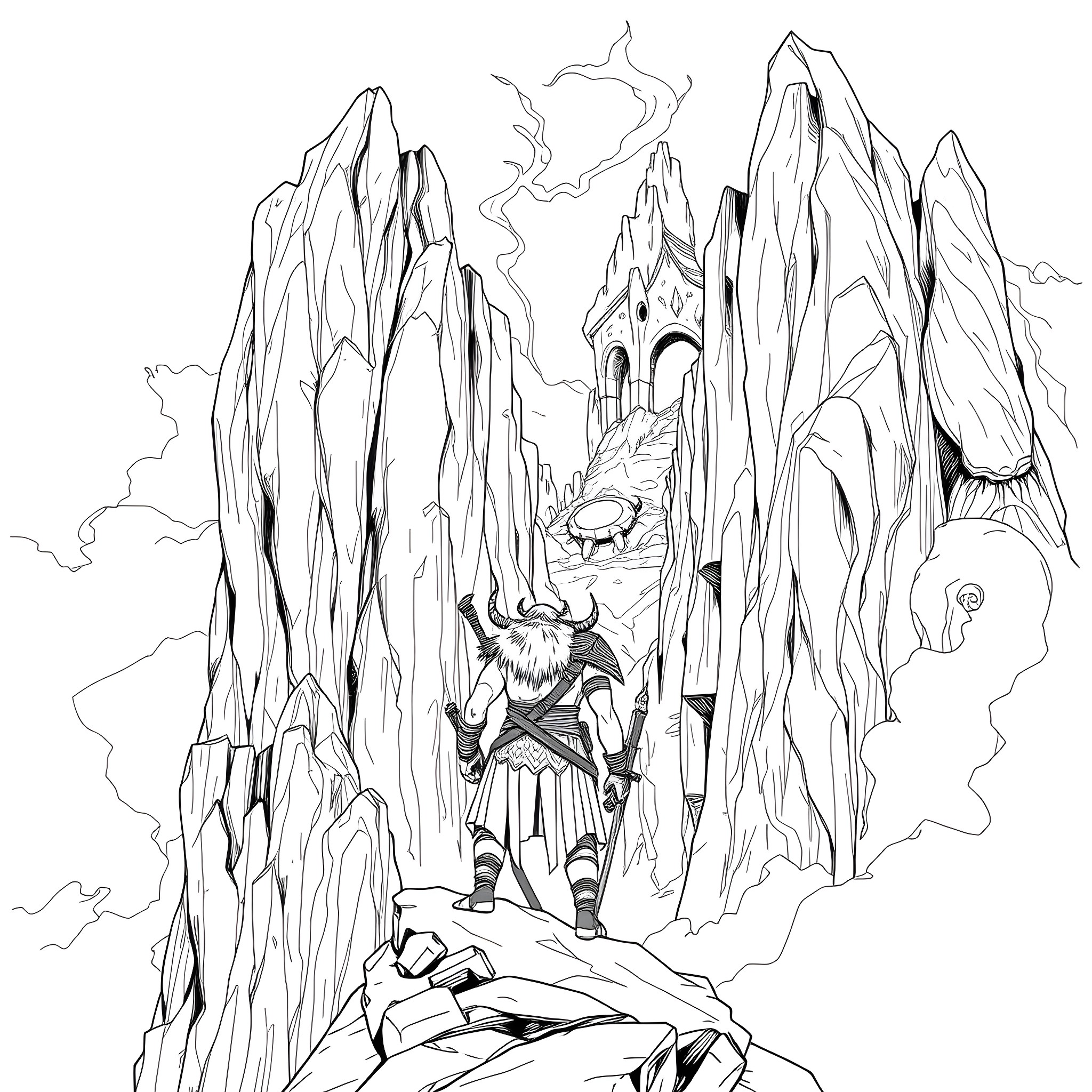 Warrior traversing through the perilous mountain terrain Coloring Page (free black-and-white line drawing printable PDF for all, from beginners to advanced learners, including children, teens, adults, and seniors)