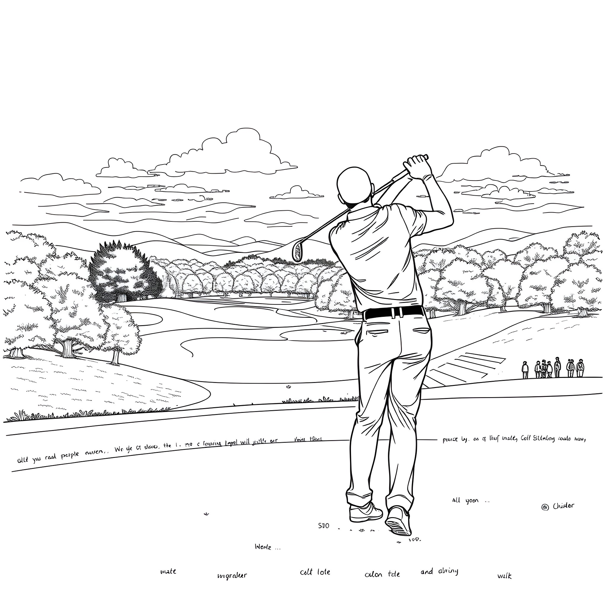 Golf Player Teeing Off in Scenic Landscape Coloring Page (free black-and-white line drawing printable PDF for all, from beginners to advanced learners, including children, teens, adults, and seniors)