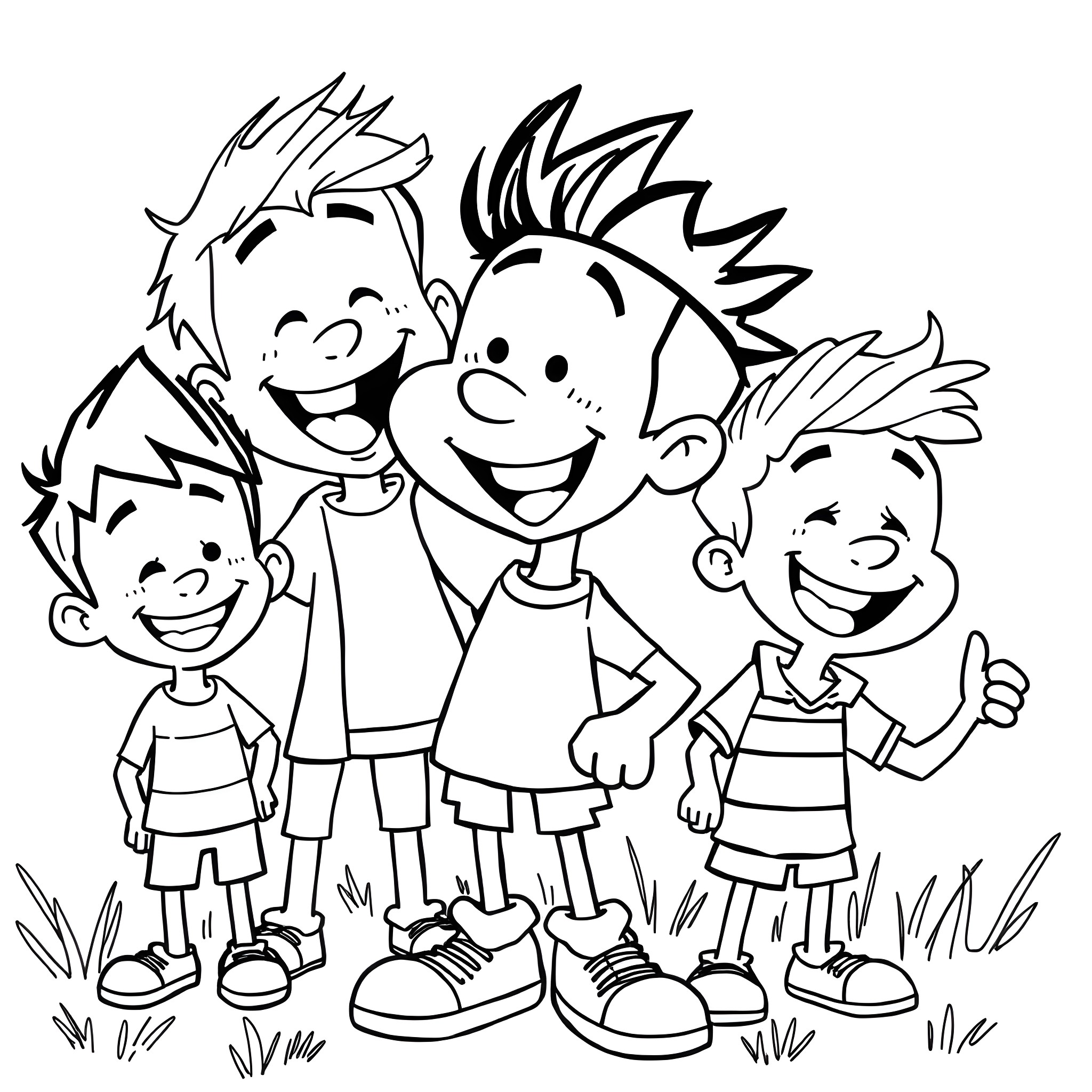 Nate and his playful friends having fun together Coloring Page (free black-and-white line drawing printable PDF for all, from beginners to advanced learners, including children, teens, adults, and seniors)