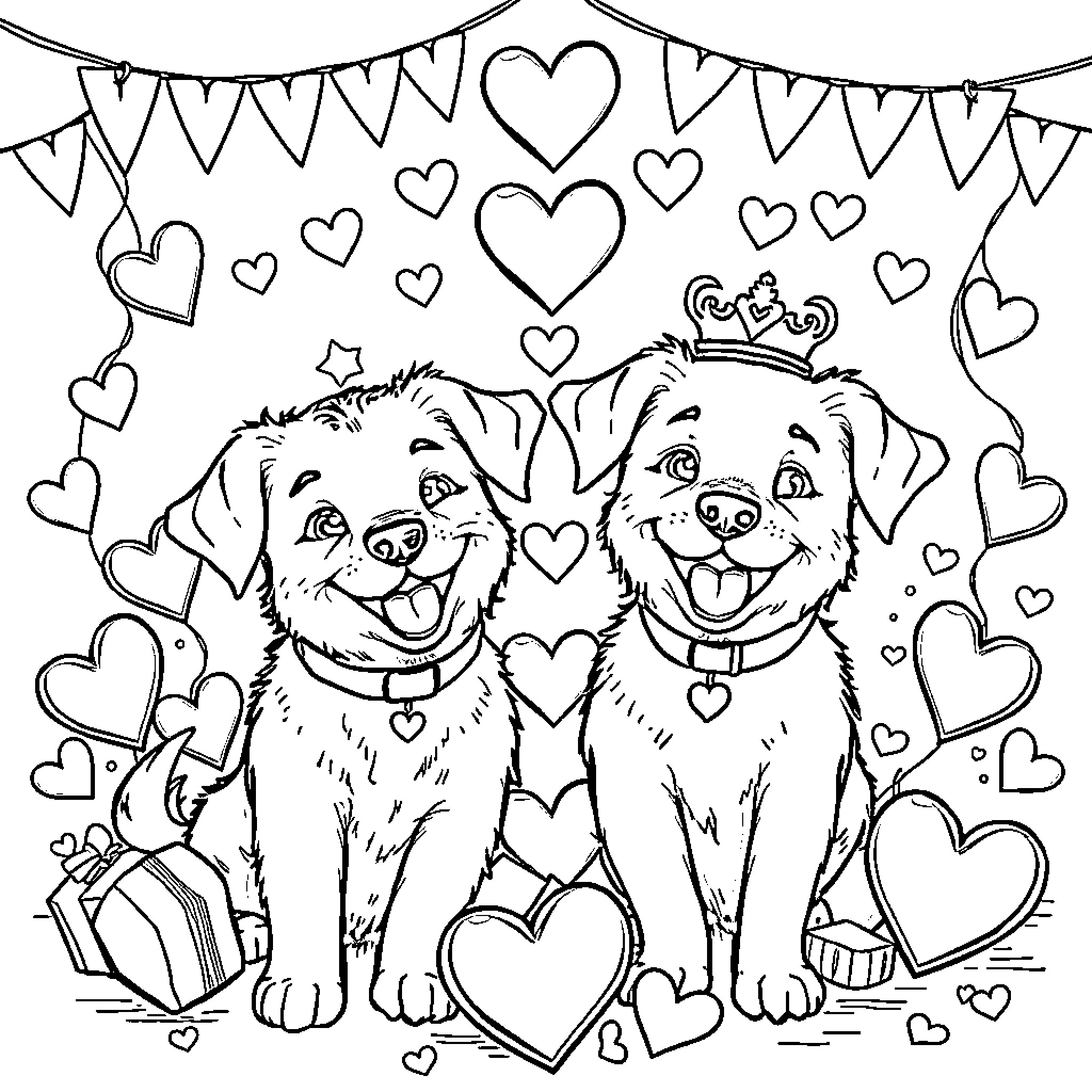 Dogs enjoying a Valentine's Day celebration Coloring Page (free black-and-white line drawing printable PDF for all, from beginners to advanced learners, including children, teens, adults, and seniors)