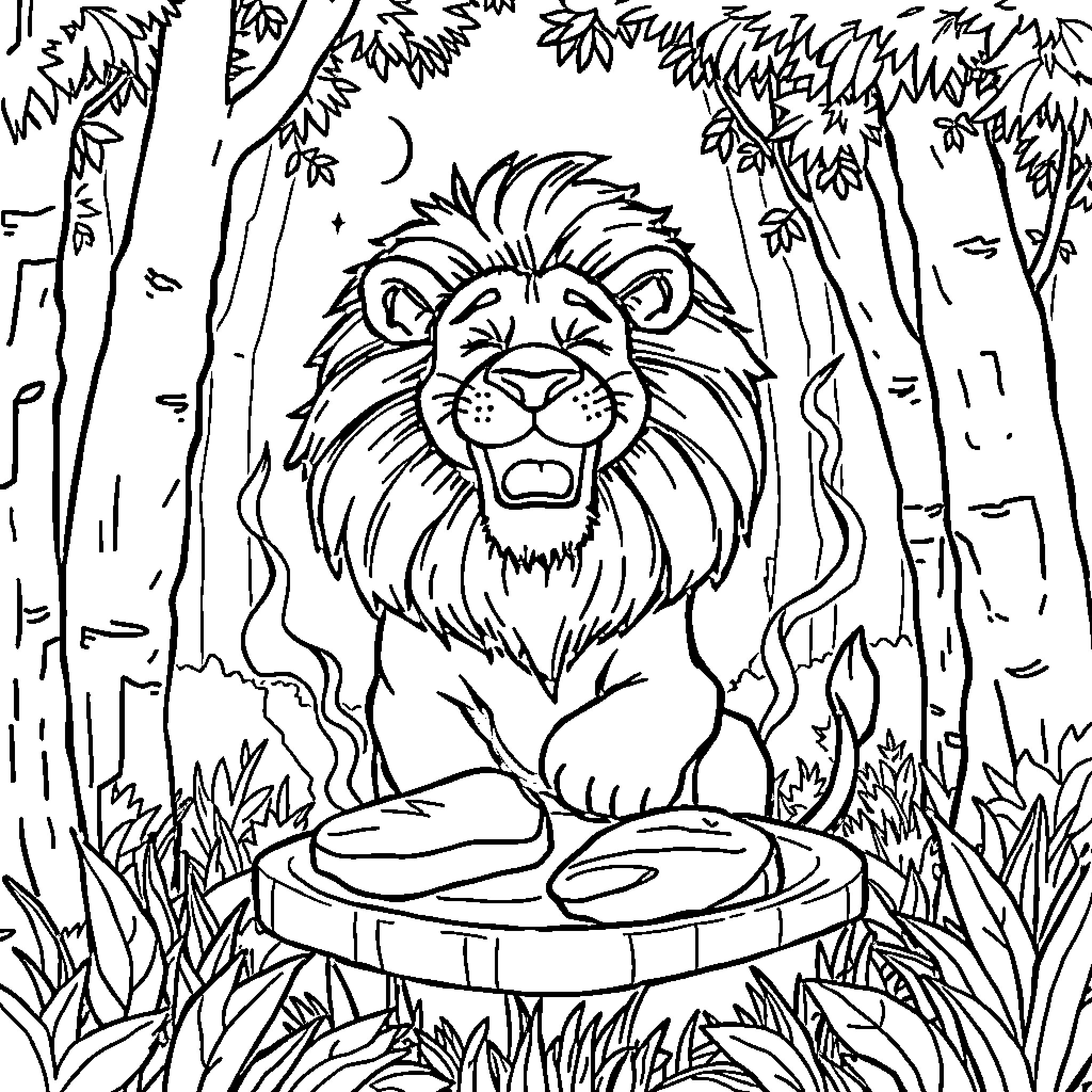 Lion roaring in a forest clearing Coloring Page (free black-and-white line drawing printable PDF for all, from beginners to advanced learners, including children, teens, adults, and seniors)