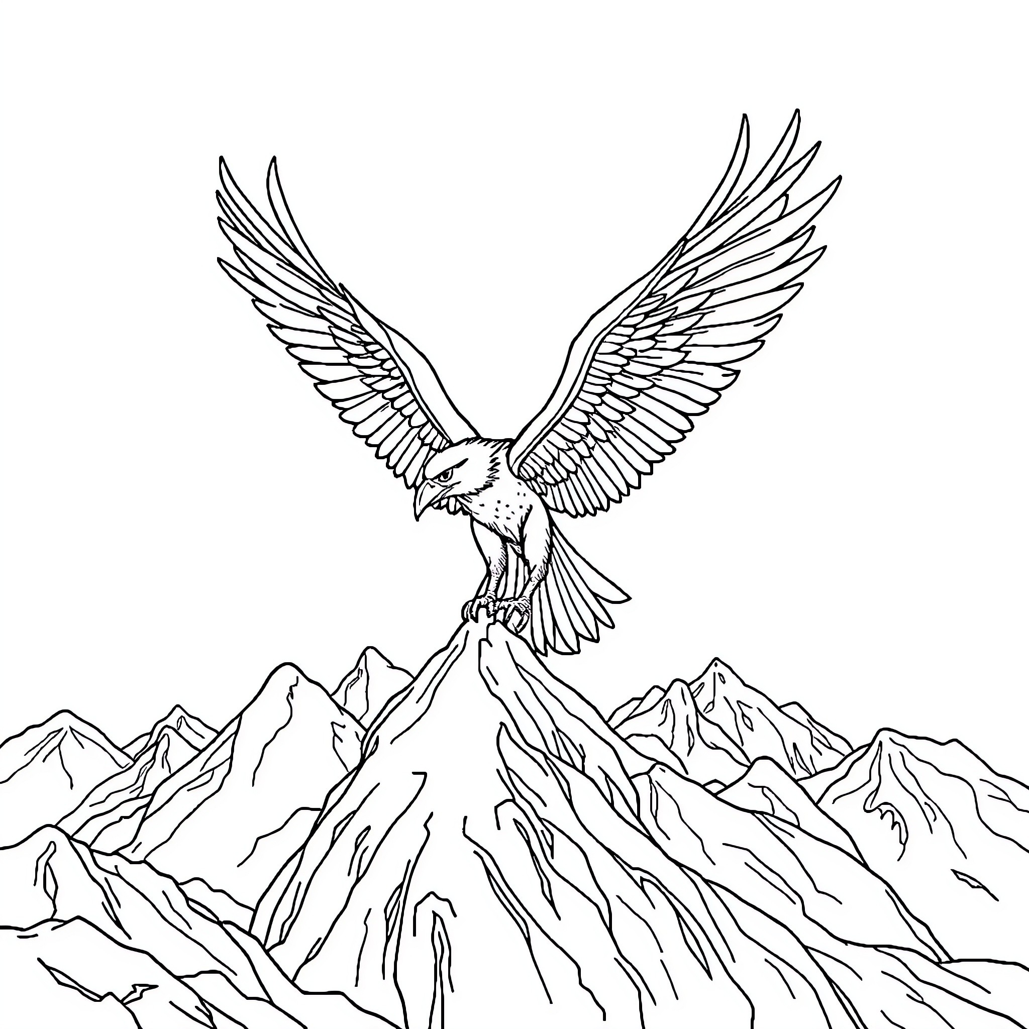 Gypaete soaring majestically over rugged mountains Coloring Page (free black-and-white line drawing printable PDF for all, from beginners to advanced learners, including children, teens, adults, and seniors)