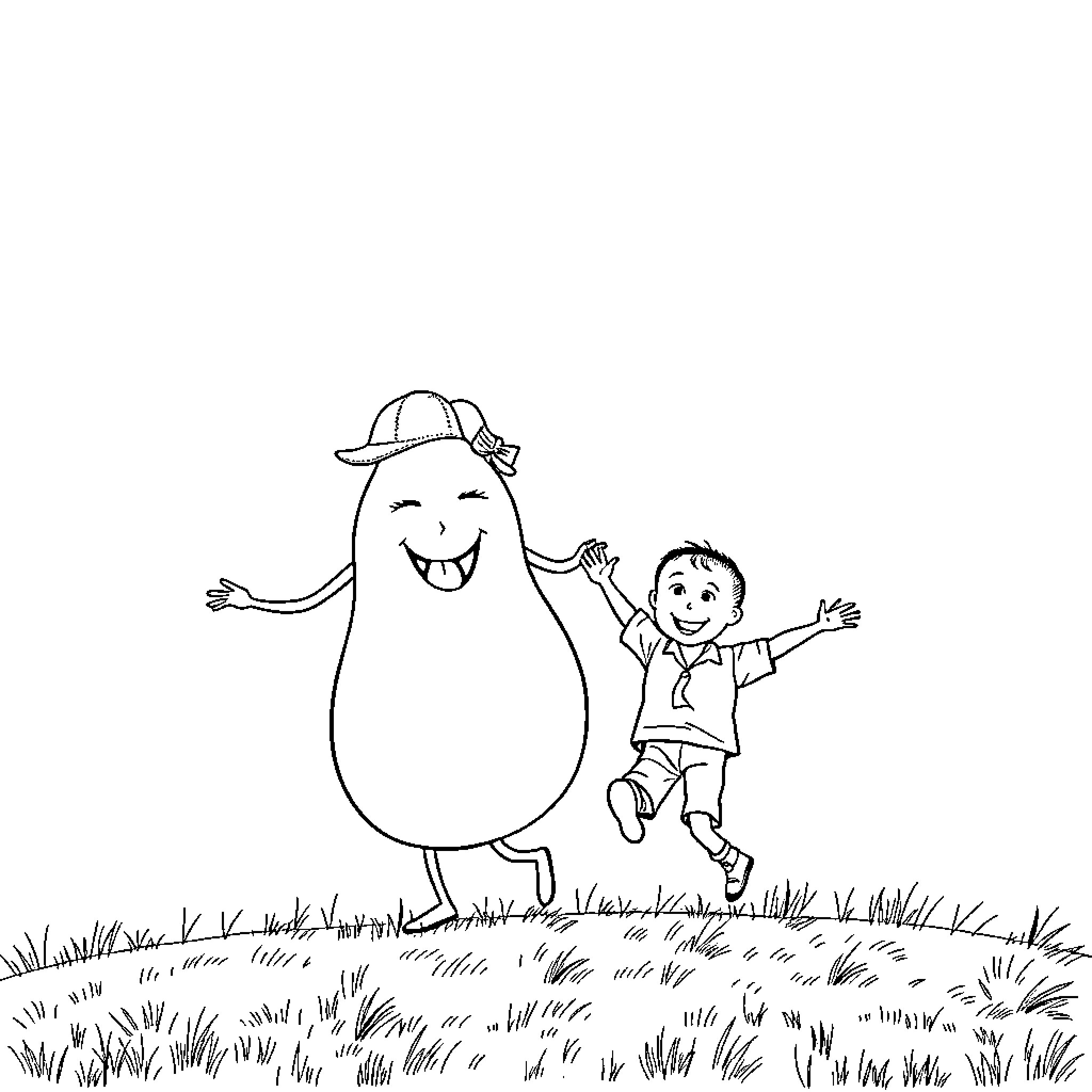 Potato character and child playing happily outdoors Coloring Page (free black-and-white line drawing printable PDF for all, from beginners to advanced learners, including children, teens, adults, and seniors)