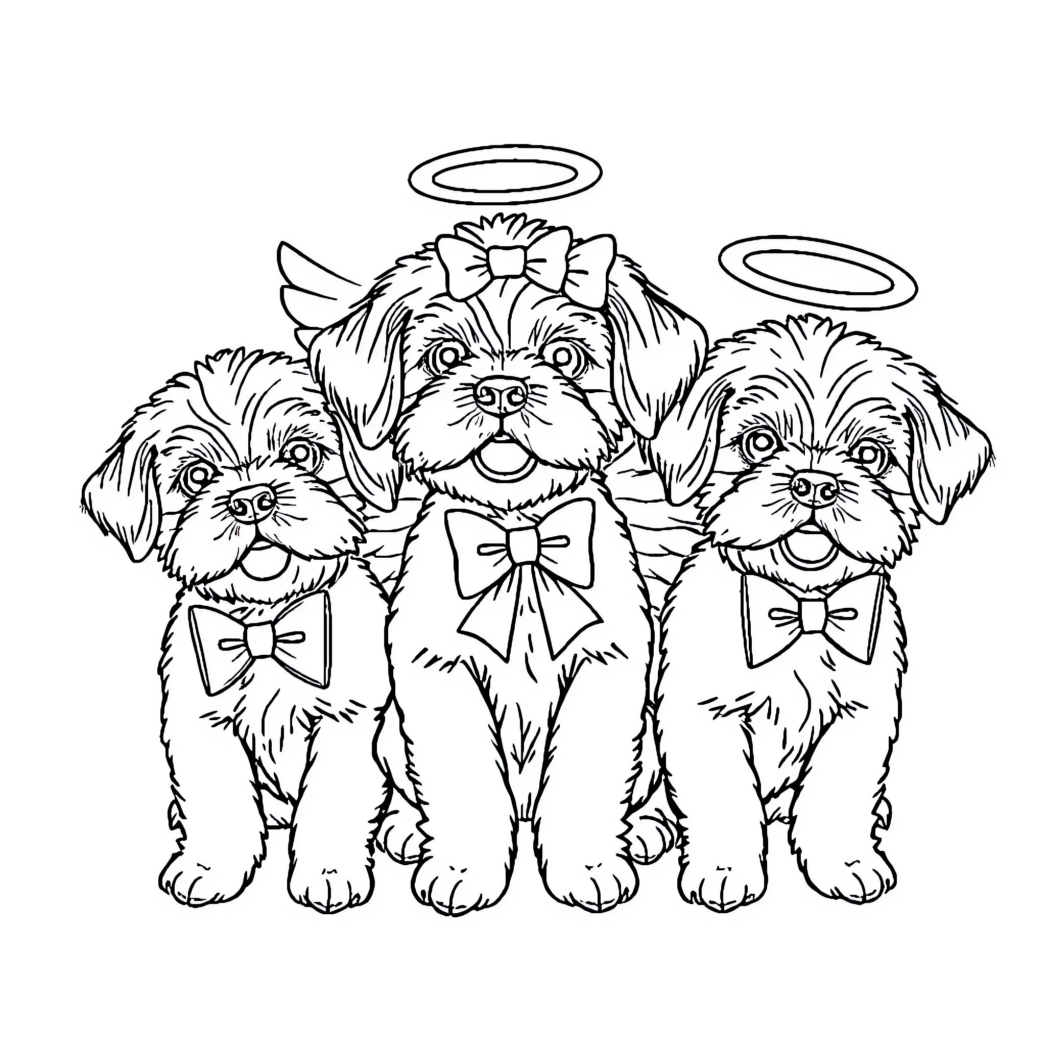 Shih Tzu family in angelic halo costumes Coloring Page (free black-and-white line drawing printable PDF for all, from beginners to advanced learners, including children, teens, adults, and seniors)