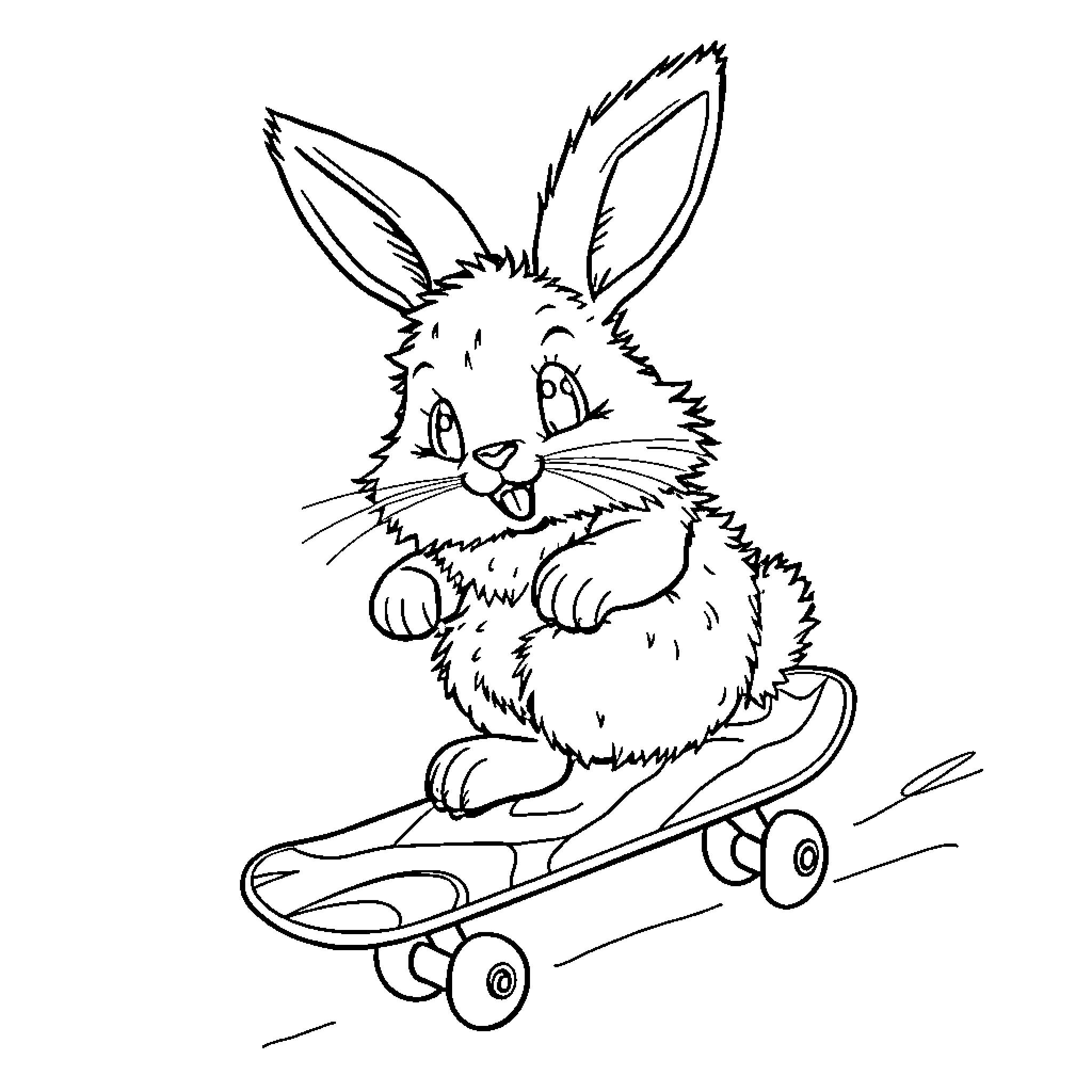 Bunny riding a skateboard happily Coloring Page (free black-and-white line drawing printable PDF for all, from beginners to advanced learners, including children, teens, adults, and seniors)