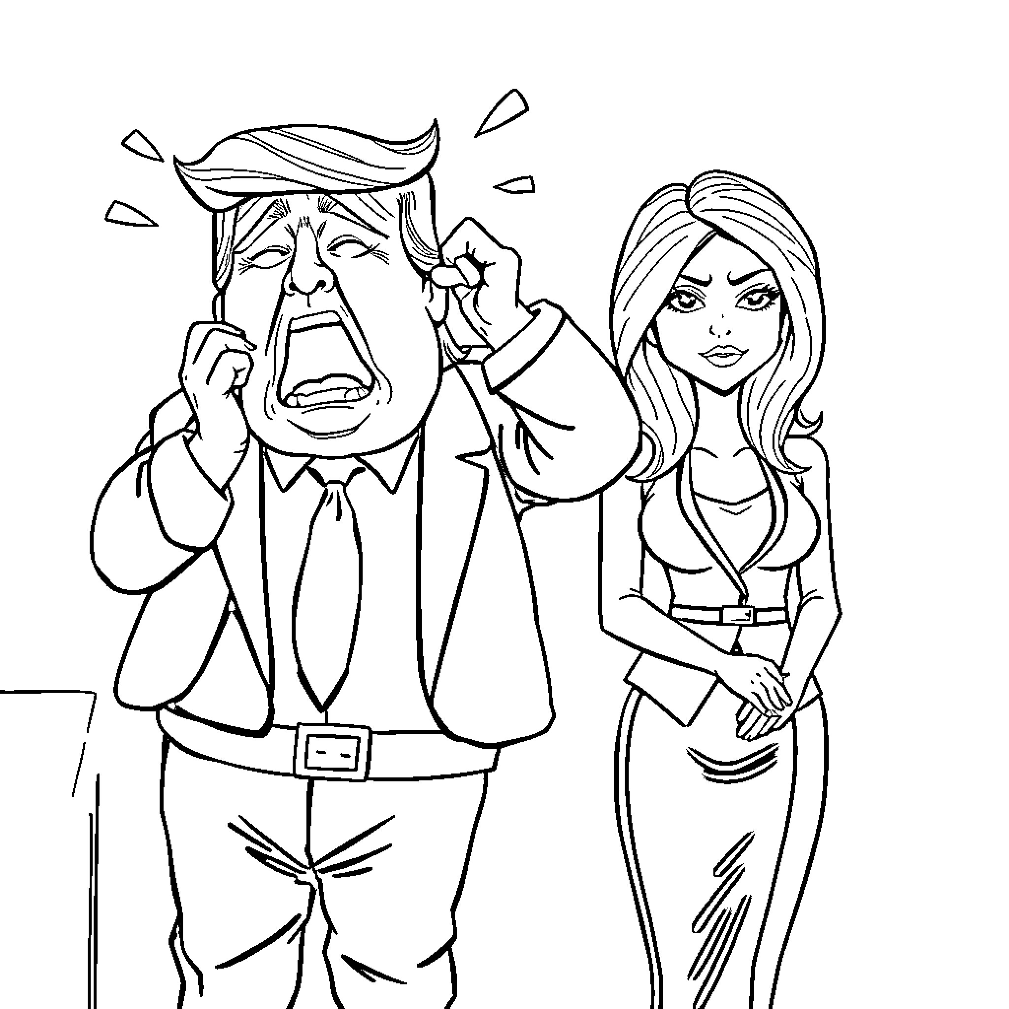 Donald Trump expressing anger with female companion Coloring Page (free black-and-white line drawing printable PDF for all, from beginners to advanced learners, including children, teens, adults, and seniors)
