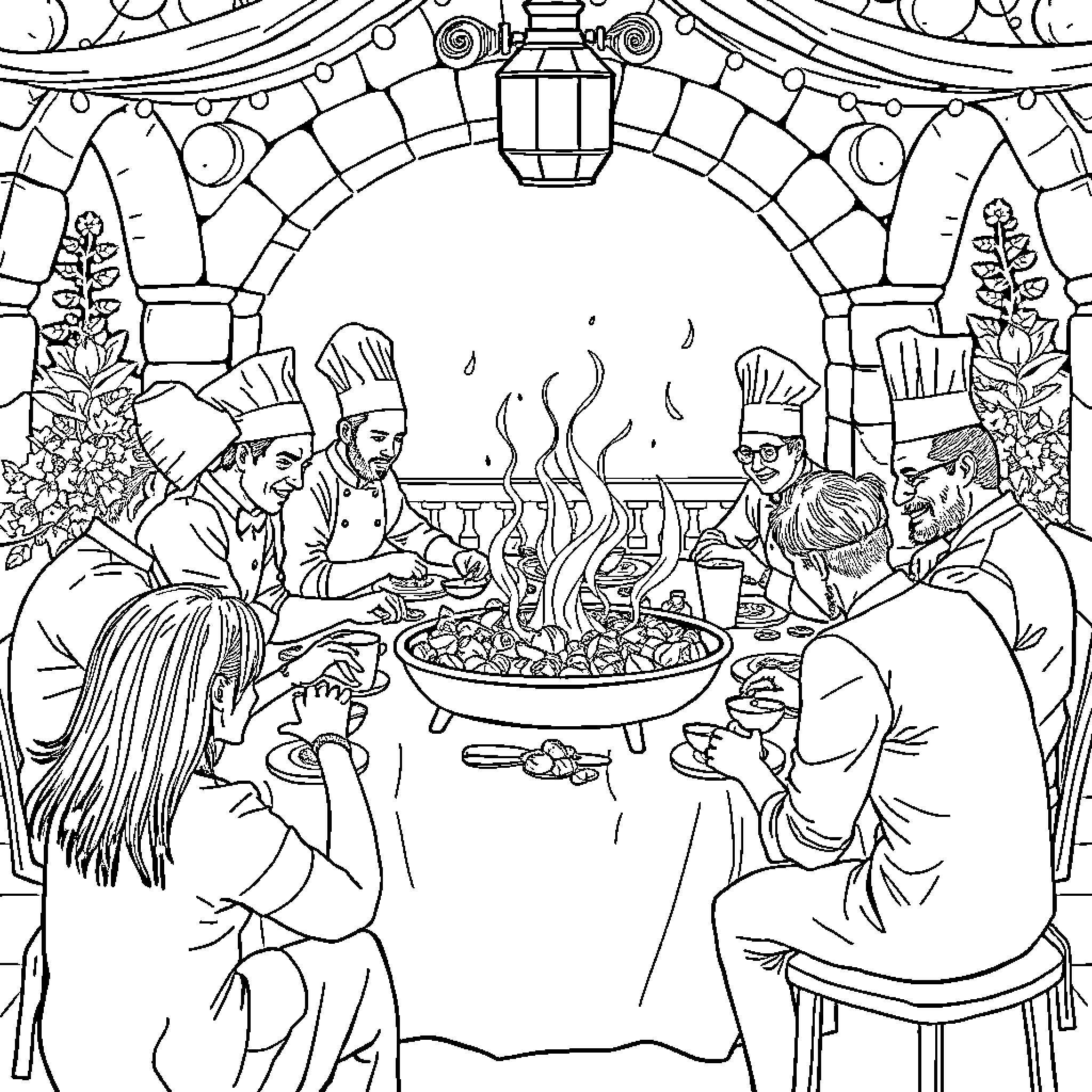 Professors Hosting a Festive Gathering Coloring Page (free black-and-white line drawing printable PDF for all, from beginners to advanced learners, including children, teens, adults, and seniors)