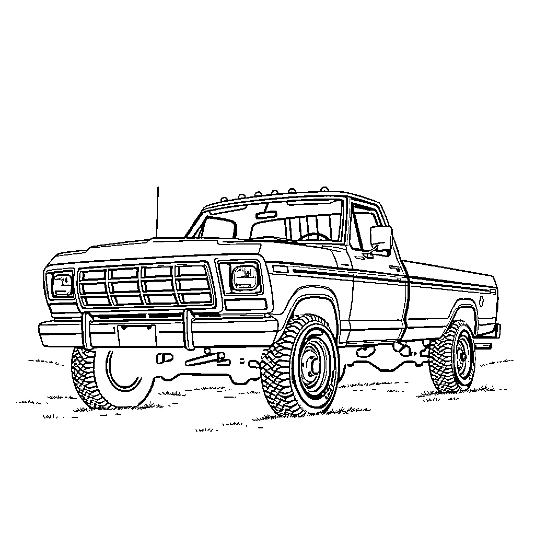Ford pickup truck in rugged terrain Coloring Page (free black-and-white line drawing printable PDF for all, from beginners to advanced learners, including children, teens, adults, and seniors)