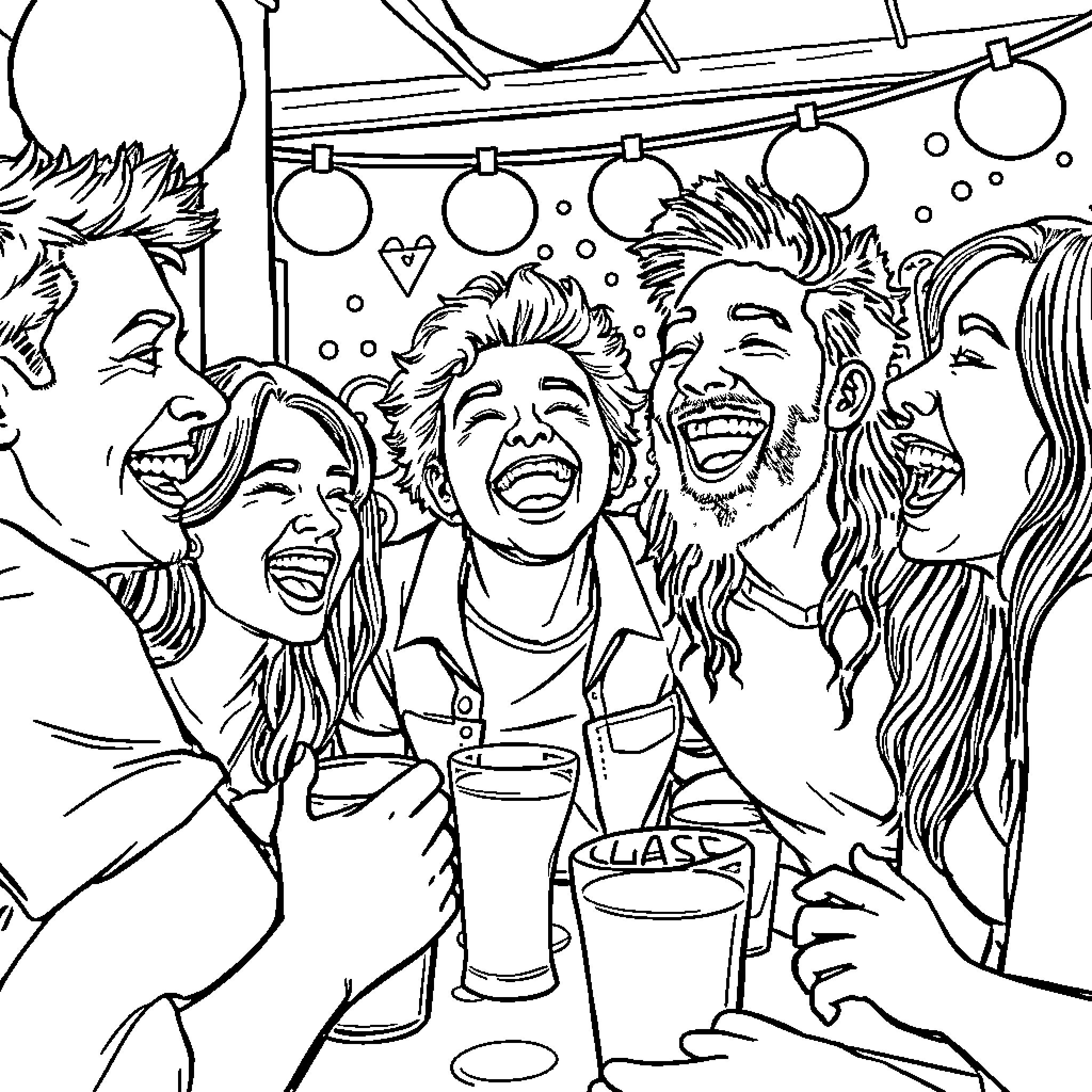Divk: Lively Celebration with Friends Coloring Page (free black-and-white line drawing printable PDF for all, from beginners to advanced learners, including children, teens, adults, and seniors)