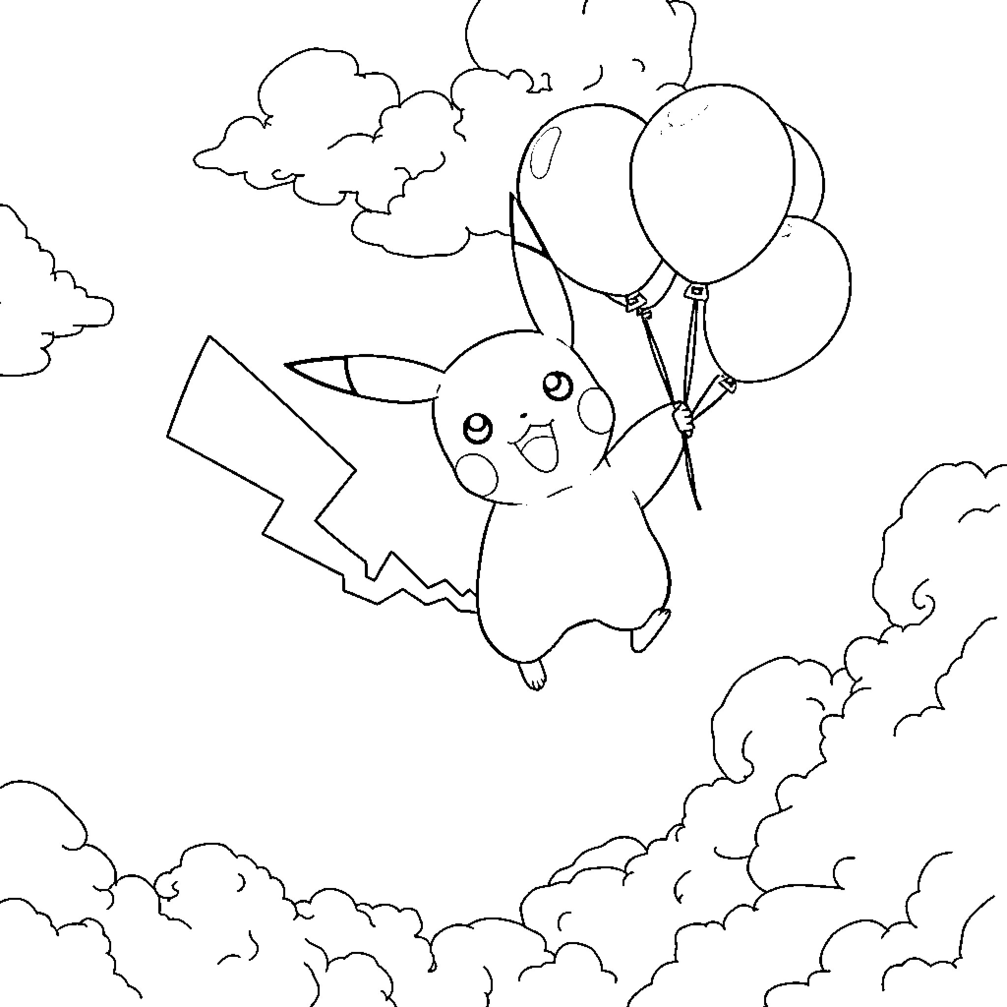 Pikachu floating with balloons in the sky Coloring Page (free black-and-white line drawing printable PDF for all, from beginners to advanced learners, including children, teens, adults, and seniors)