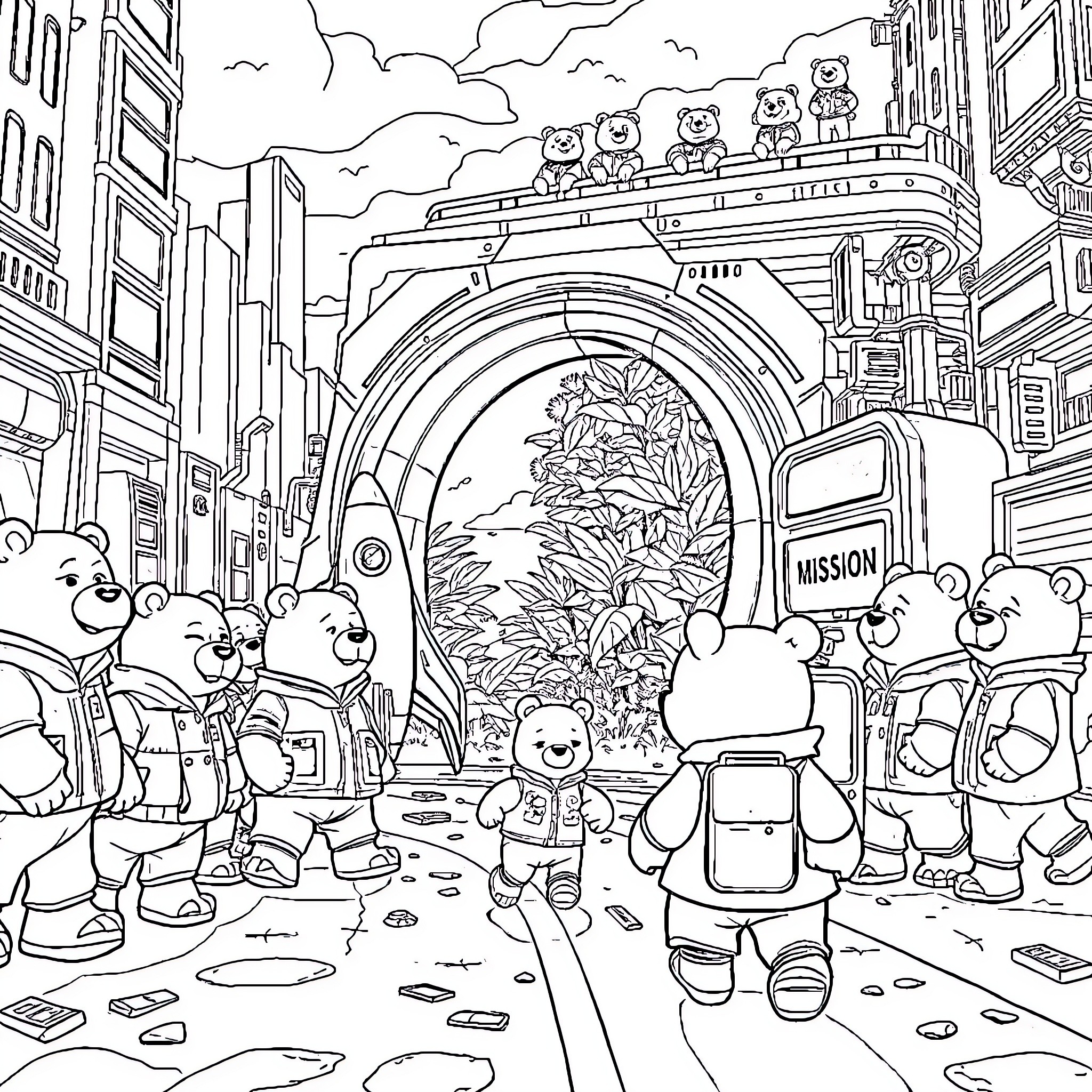 Bear characters exploring the city with mission gate Coloring Page (free black-and-white line drawing printable PDF for all, from beginners to advanced learners, including children, teens, adults, and seniors)