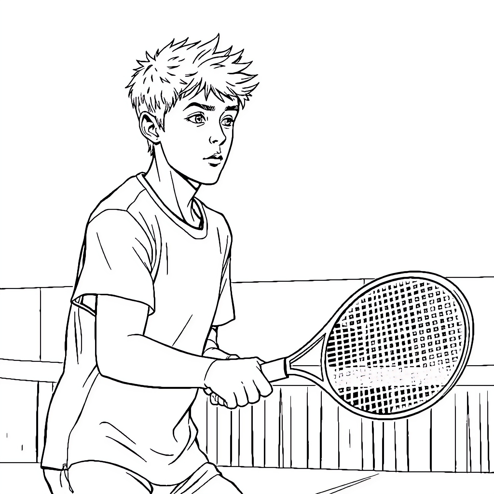 Jannik Sinner playing tennis on the court Coloring Page (free black-and-white line drawing printable PDF for all, from beginners to advanced learners, including children, teens, adults, and seniors)