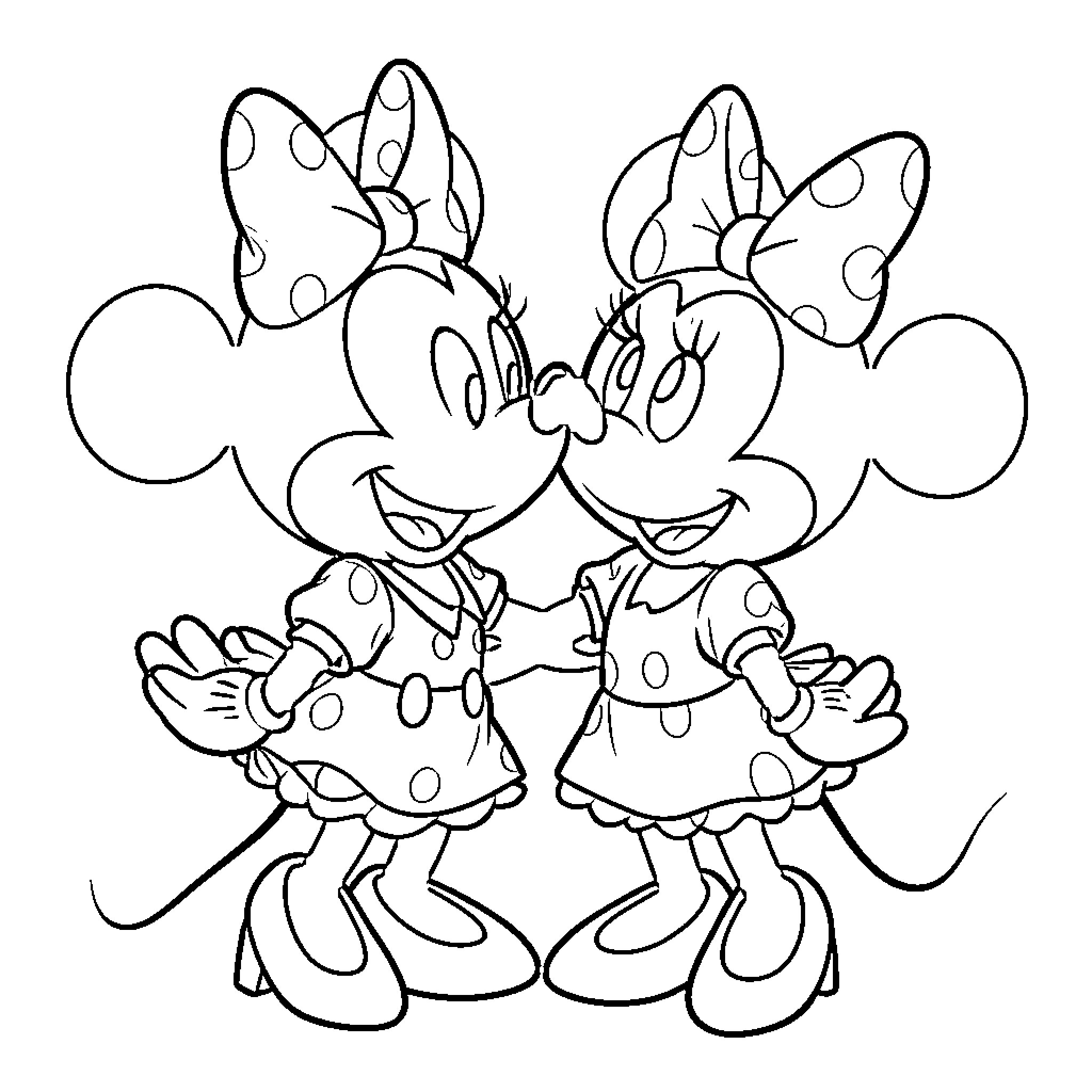 Mickey and Minnie posing together Coloring Page (free black-and-white line drawing printable PDF for all, from beginners to advanced learners, including children, teens, adults, and seniors)