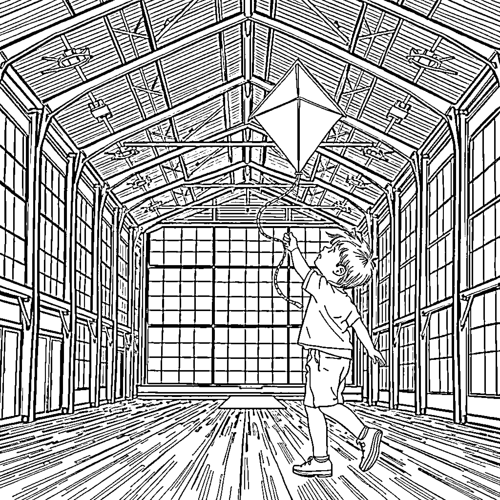 Kite flying in an old wooden barn Coloring Page (free black-and-white line drawing printable PDF for all, from beginners to advanced learners, including children, teens, adults, and seniors)