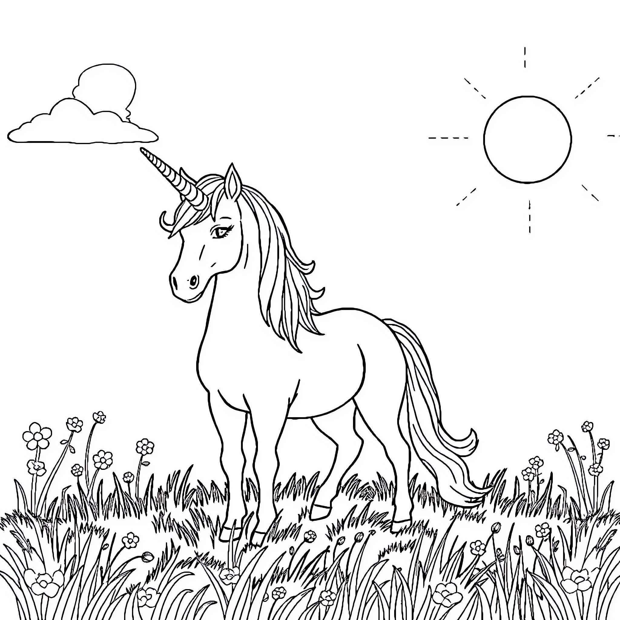 Unicorn standing proudly in a field of flowers Coloring Page (free black-and-white line drawing printable PDF for all, from beginners to advanced learners, including children, teens, adults, and seniors)