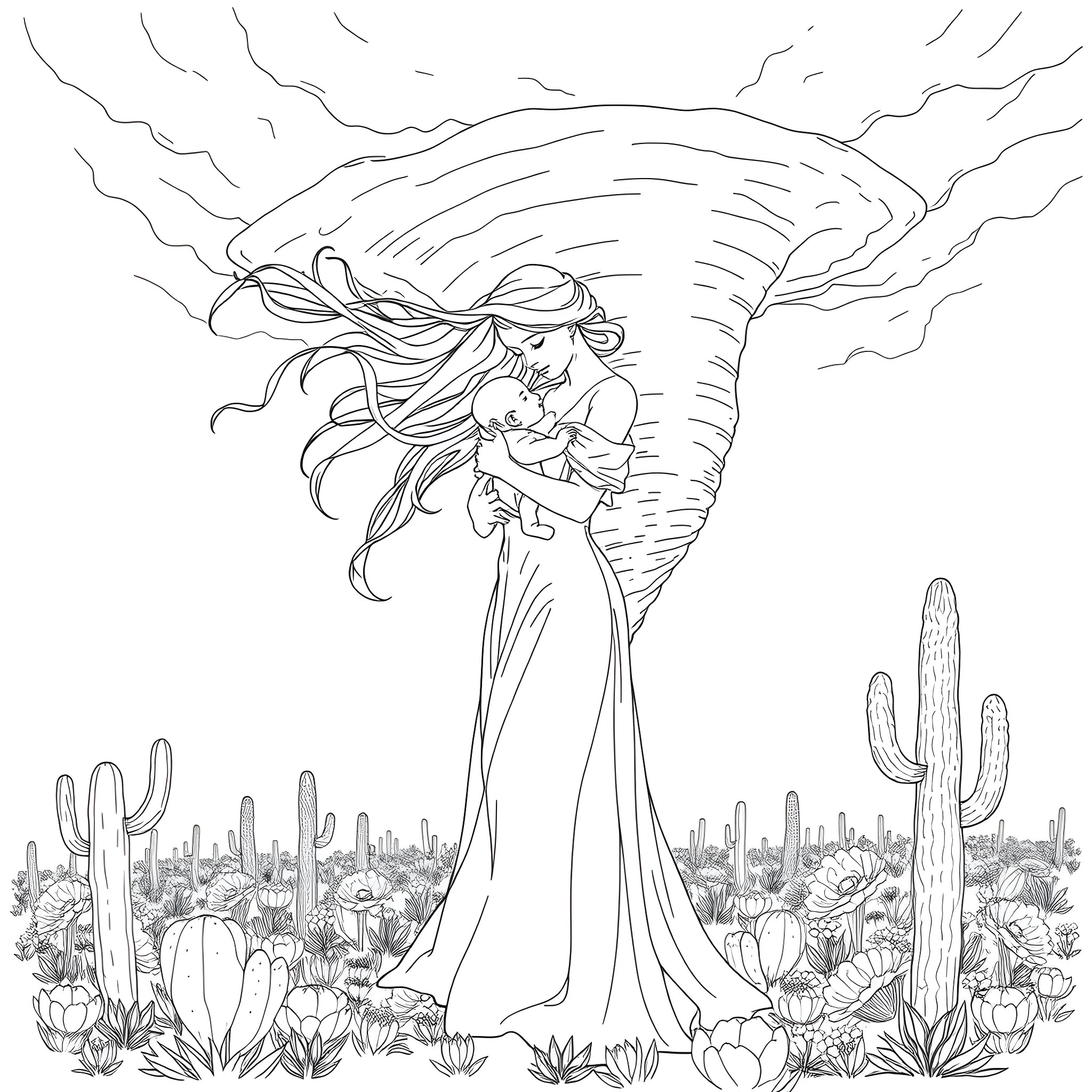 Woman embracing child in desert storm landscape Coloring Page (free black-and-white line drawing printable PDF for all, from beginners to advanced learners, including children, teens, adults, and seniors)