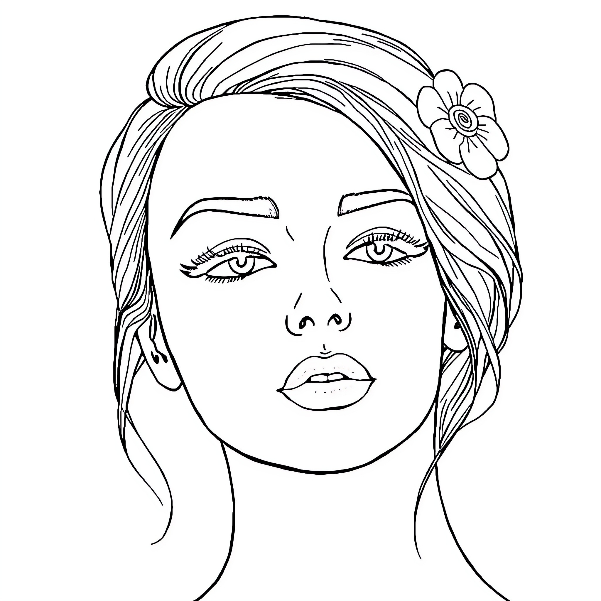 Makeup on Glamorous Female Face with Flower Accessory Coloring Page (free black-and-white line drawing printable PDF for all, from beginners to advanced learners, including children, teens, adults, and seniors)