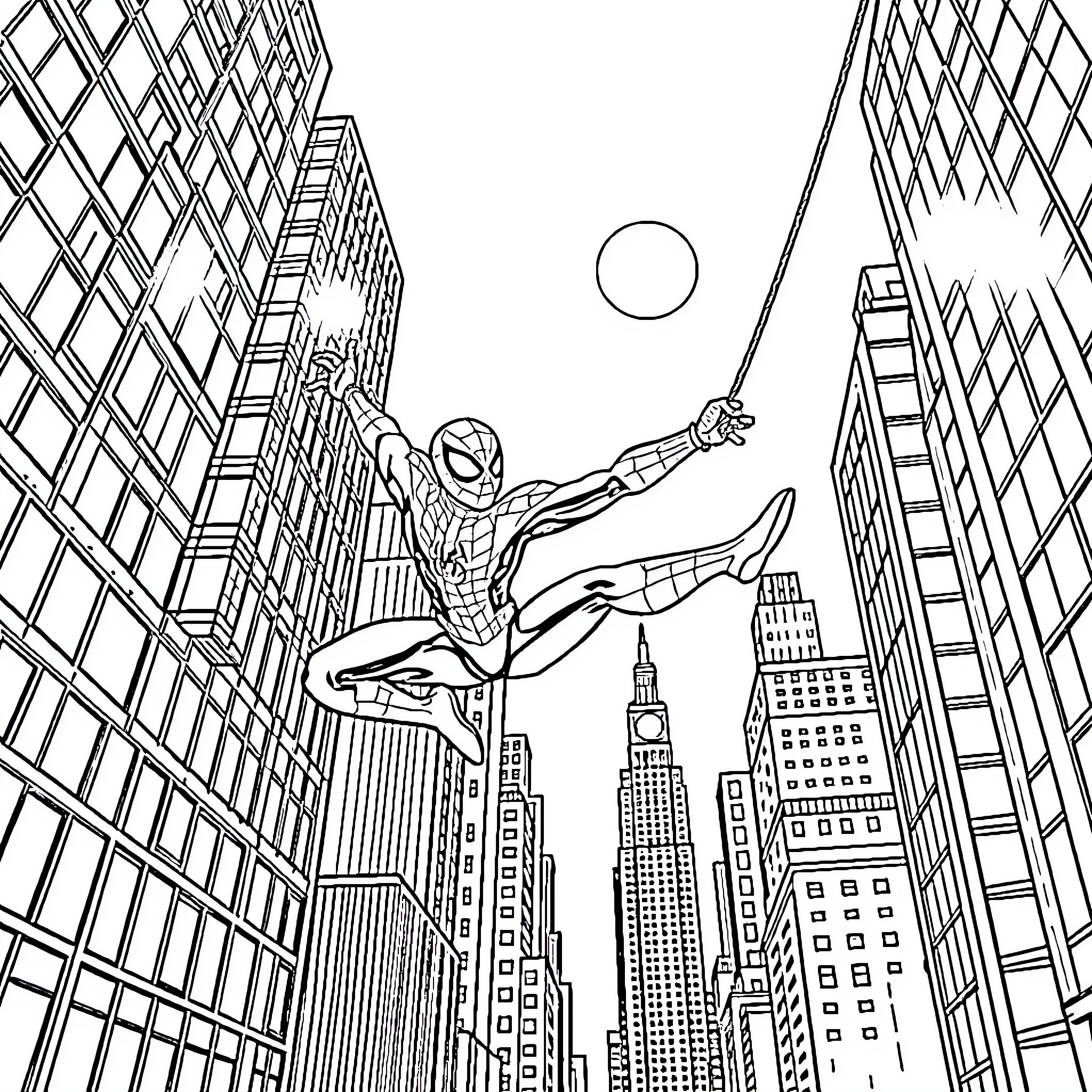 Spiderman swinging through the city skyline Coloring Page (free black-and-white line drawing printable PDF for all, from beginners to advanced learners, including children, teens, adults, and seniors)