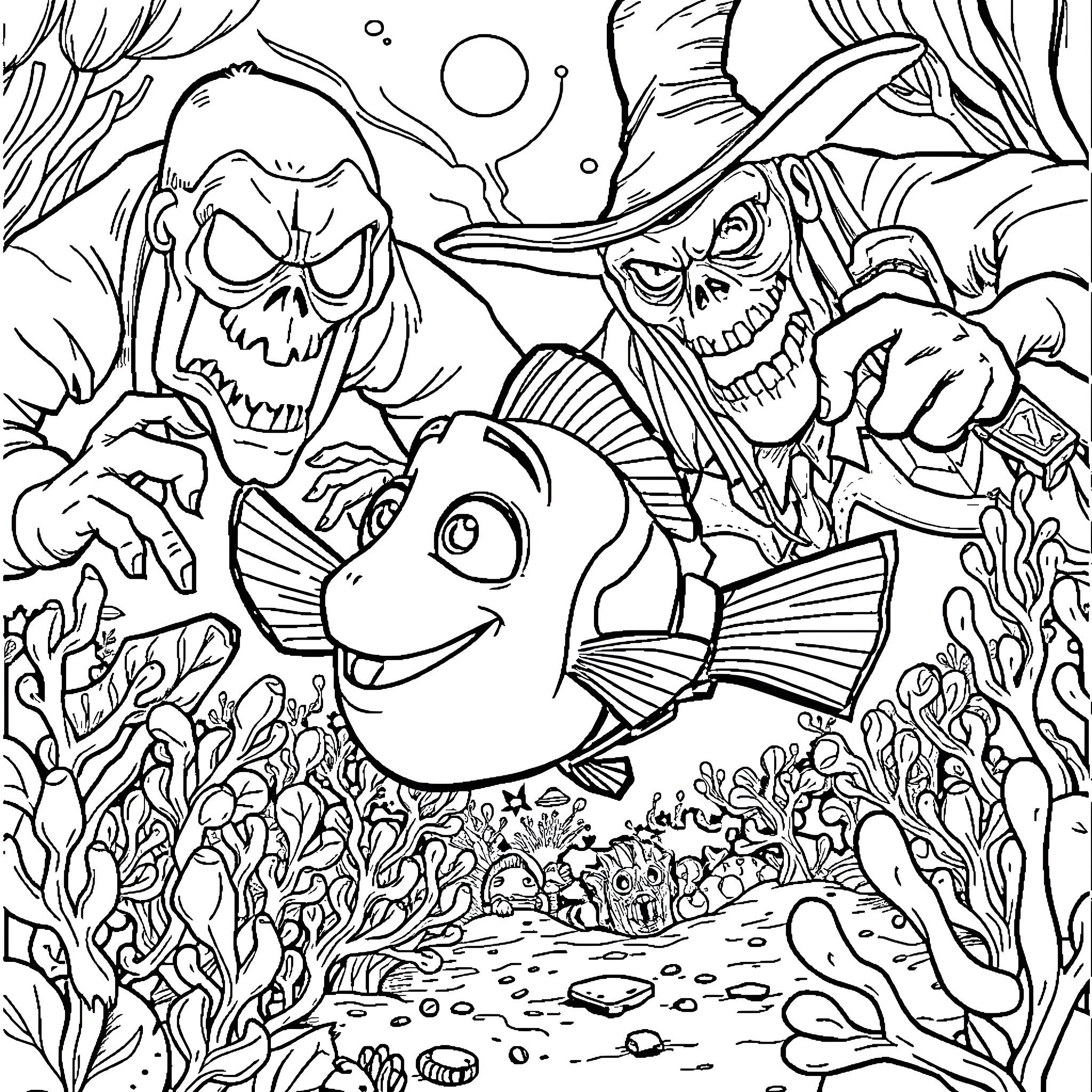 Nemo exploring the underwater world with friends Coloring Page (free black-and-white line drawing printable PDF for all, from beginners to advanced learners, including children, teens, adults, and seniors)