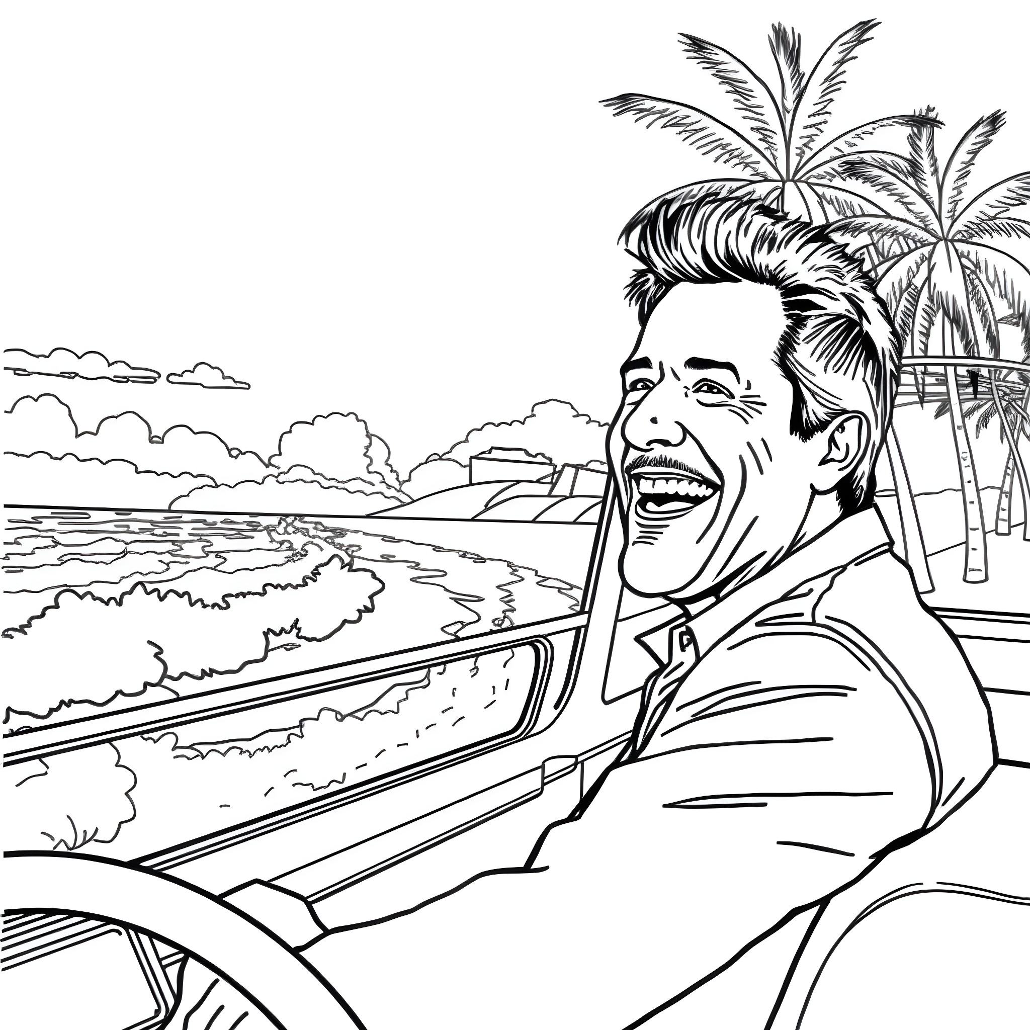 Bruce Springsteen laughing joyfully on a tropical beach Coloring Page (free black-and-white line drawing printable PDF for all, from beginners to advanced learners, including children, teens, adults, and seniors)