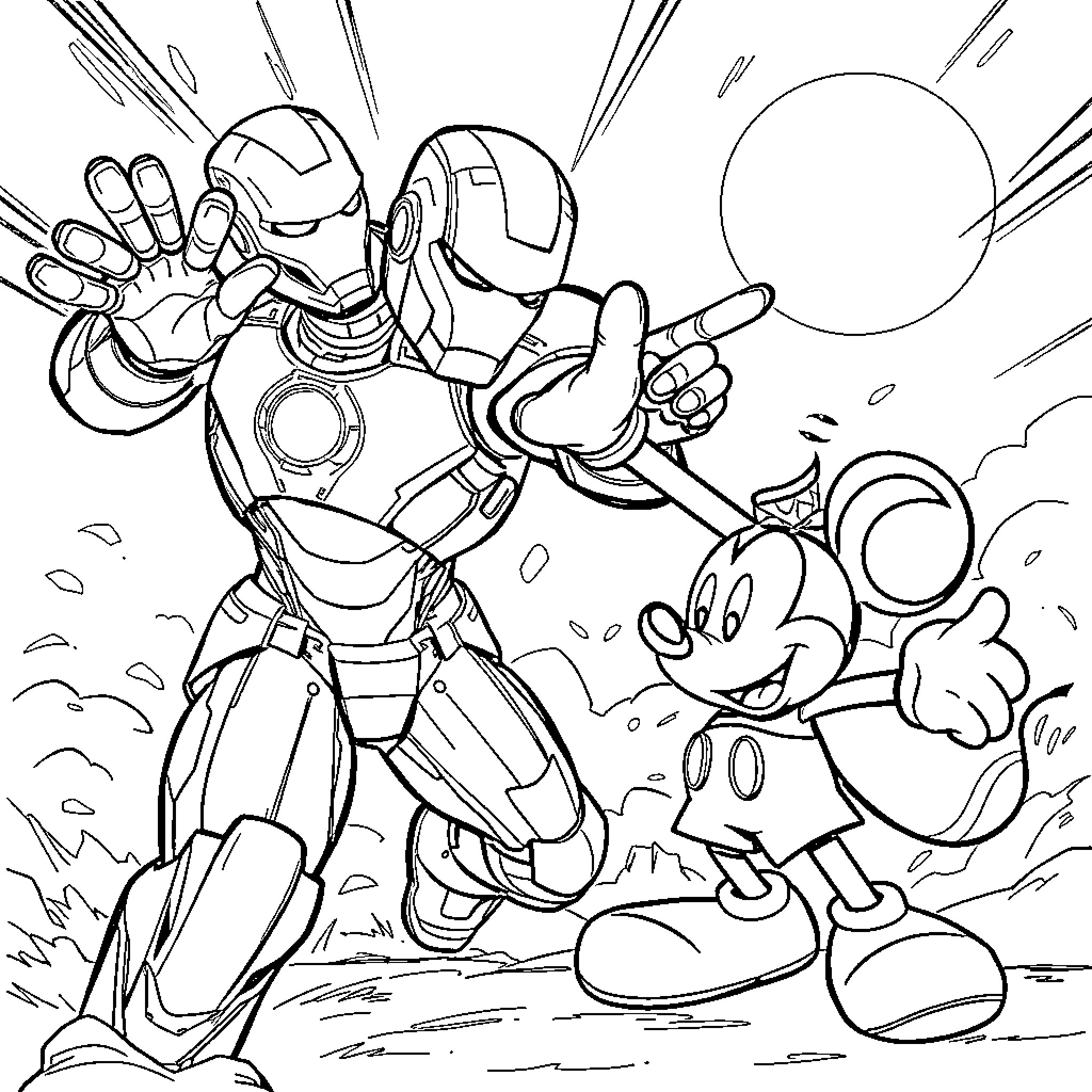 Iron Man Fighting Alongside Disney Character Coloring Page (free black-and-white line drawing printable PDF for all, from beginners to advanced learners, including children, teens, adults, and seniors)