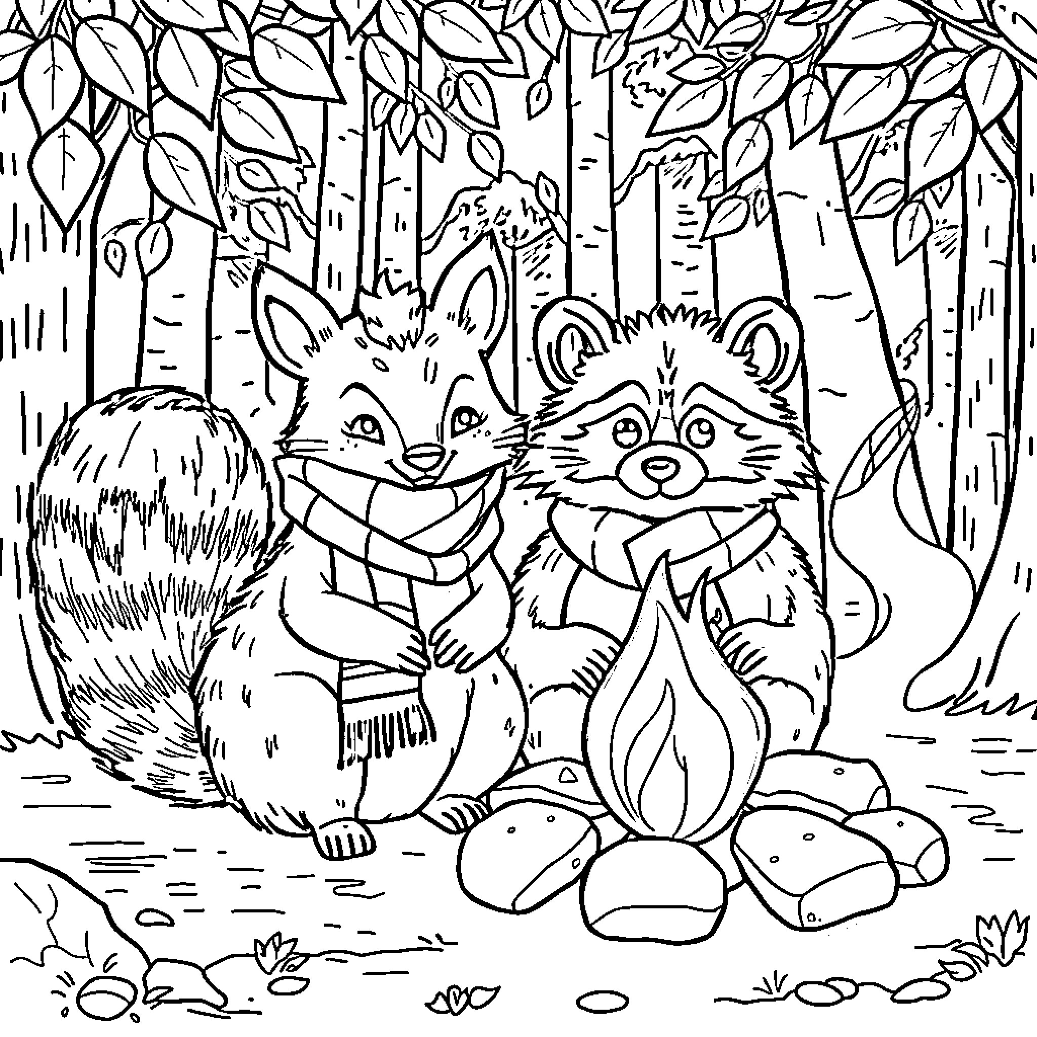 Squirrel and raccoon friends in the forest Coloring Page (free black-and-white line drawing printable PDF for all, from beginners to advanced learners, including children, teens, adults, and seniors)