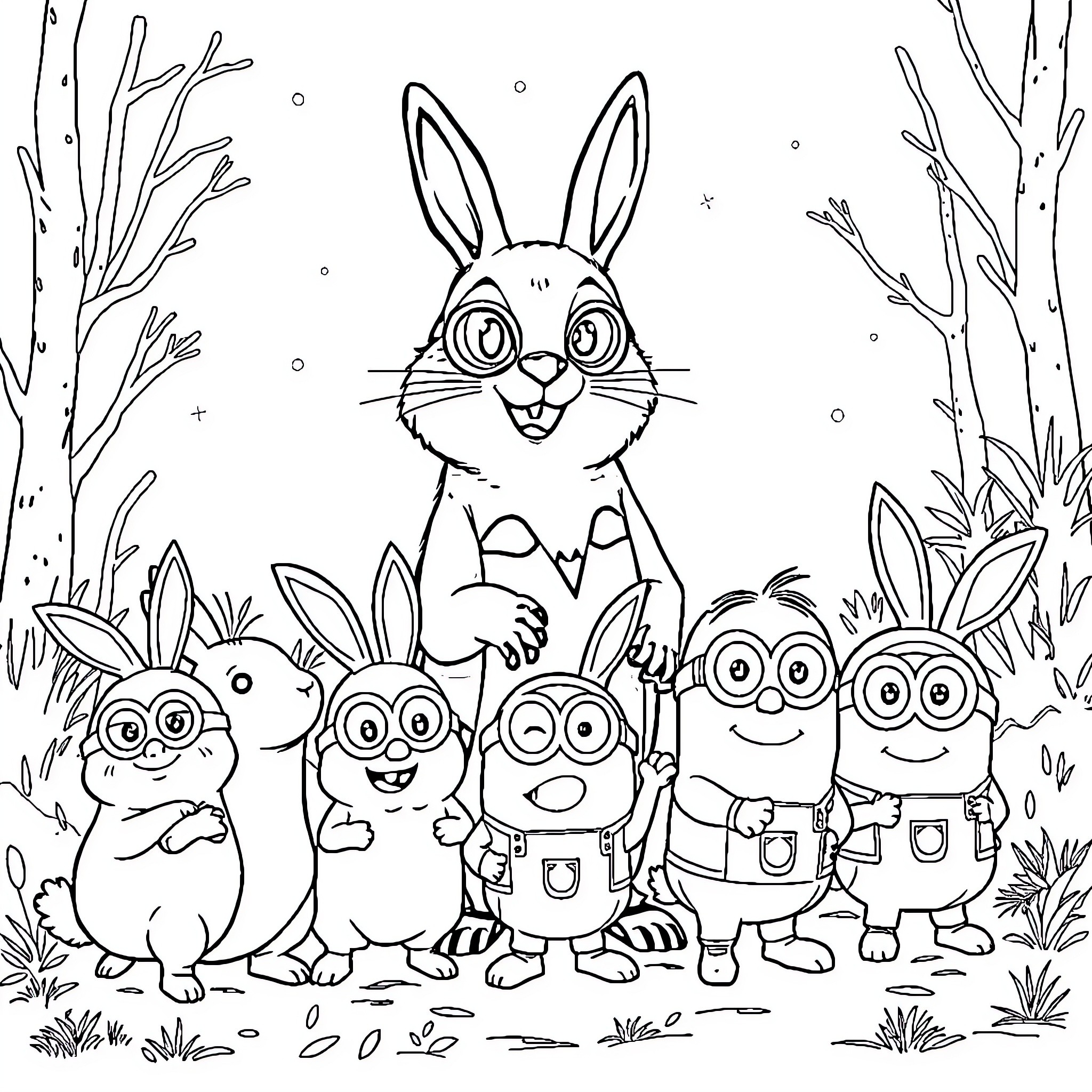 Paw Patrol Bunnies and Minions Explore the Enchanted Forest Coloring Page (free black-and-white line drawing printable PDF for all, from beginners to advanced learners, including children, teens, adults, and seniors)
