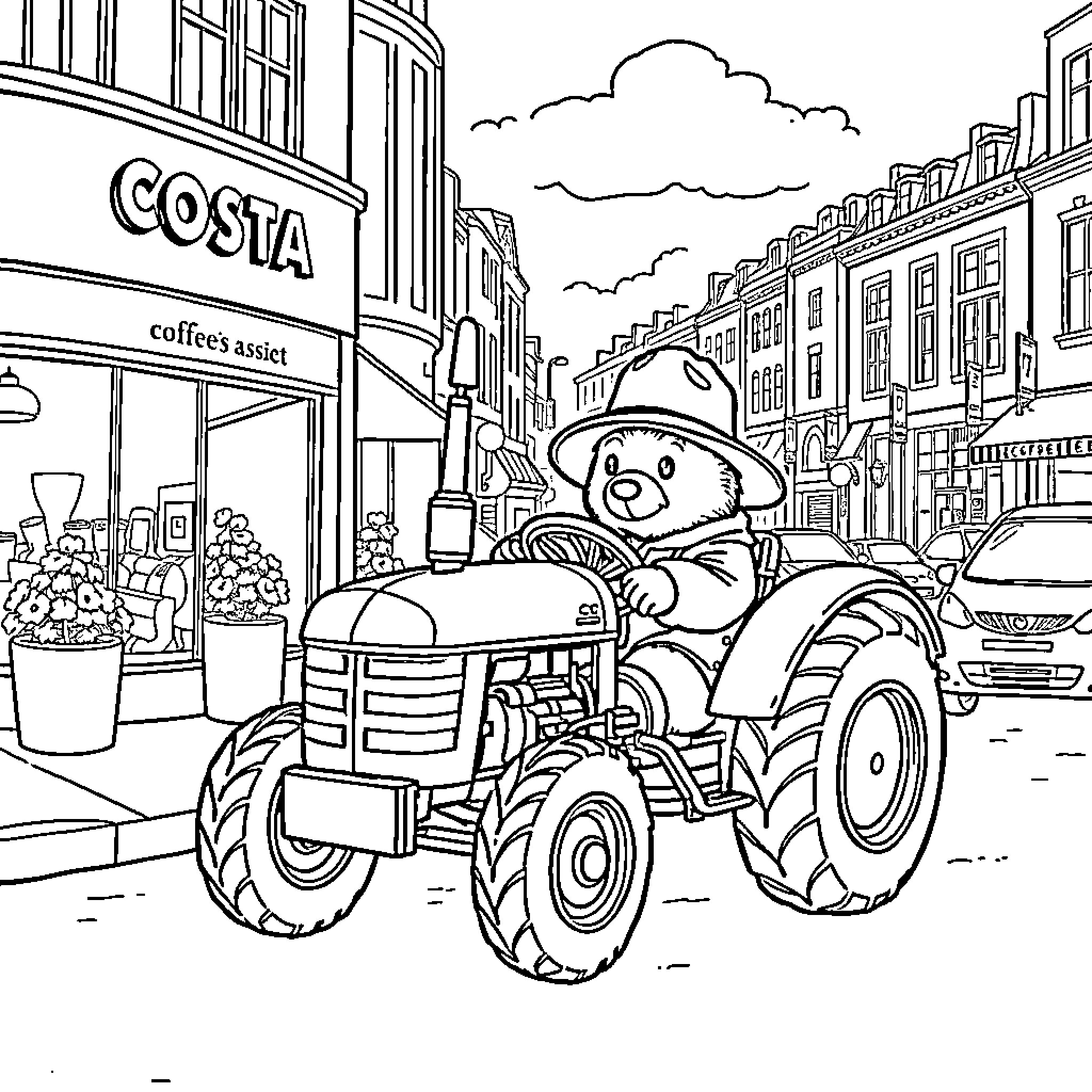 Paddington Bear driving a tractor on a city street Coloring Page (free black-and-white line drawing printable PDF for all, from beginners to advanced learners, including children, teens, adults, and seniors)